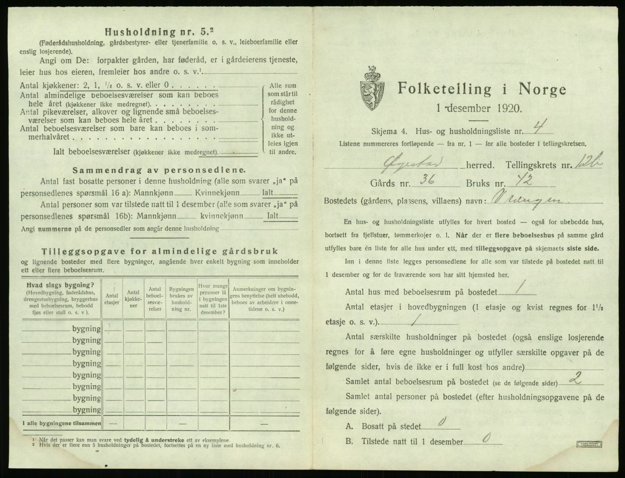 SAK, 1920 census for Øyestad, 1920, p. 1222