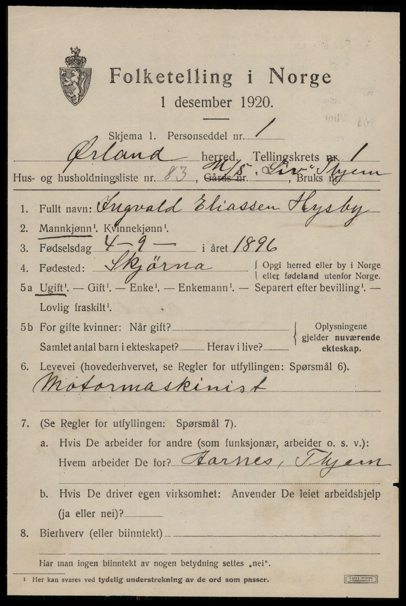 SAT, 1920 census for Ørland, 1920, p. 2225