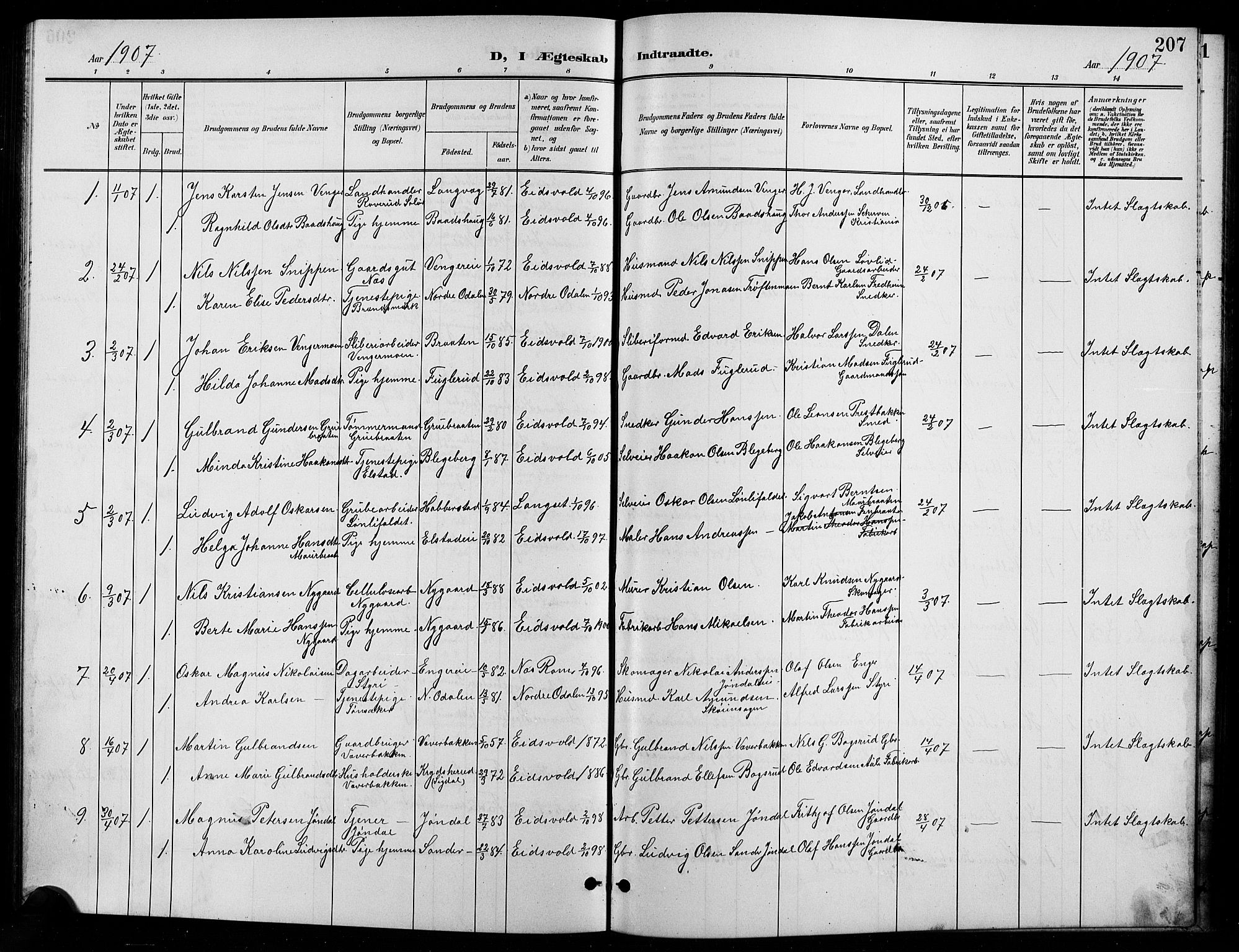 Eidsvoll prestekontor Kirkebøker, AV/SAO-A-10888/G/Ga/L0007: Parish register (copy) no. I 7, 1901-1909, p. 207