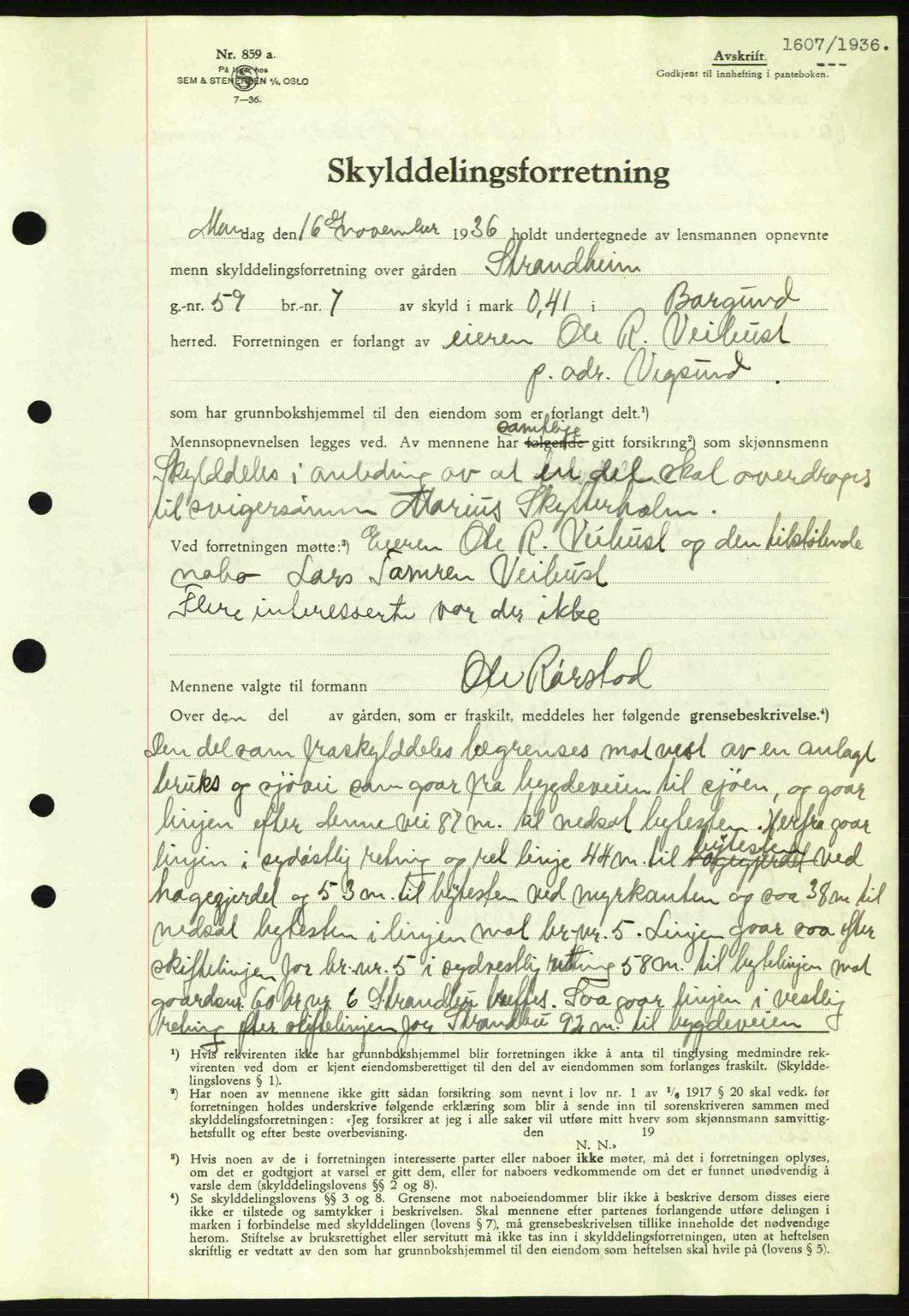 Nordre Sunnmøre sorenskriveri, AV/SAT-A-0006/1/2/2C/2Ca: Mortgage book no. A2, 1936-1937, Diary no: : 1607/1936