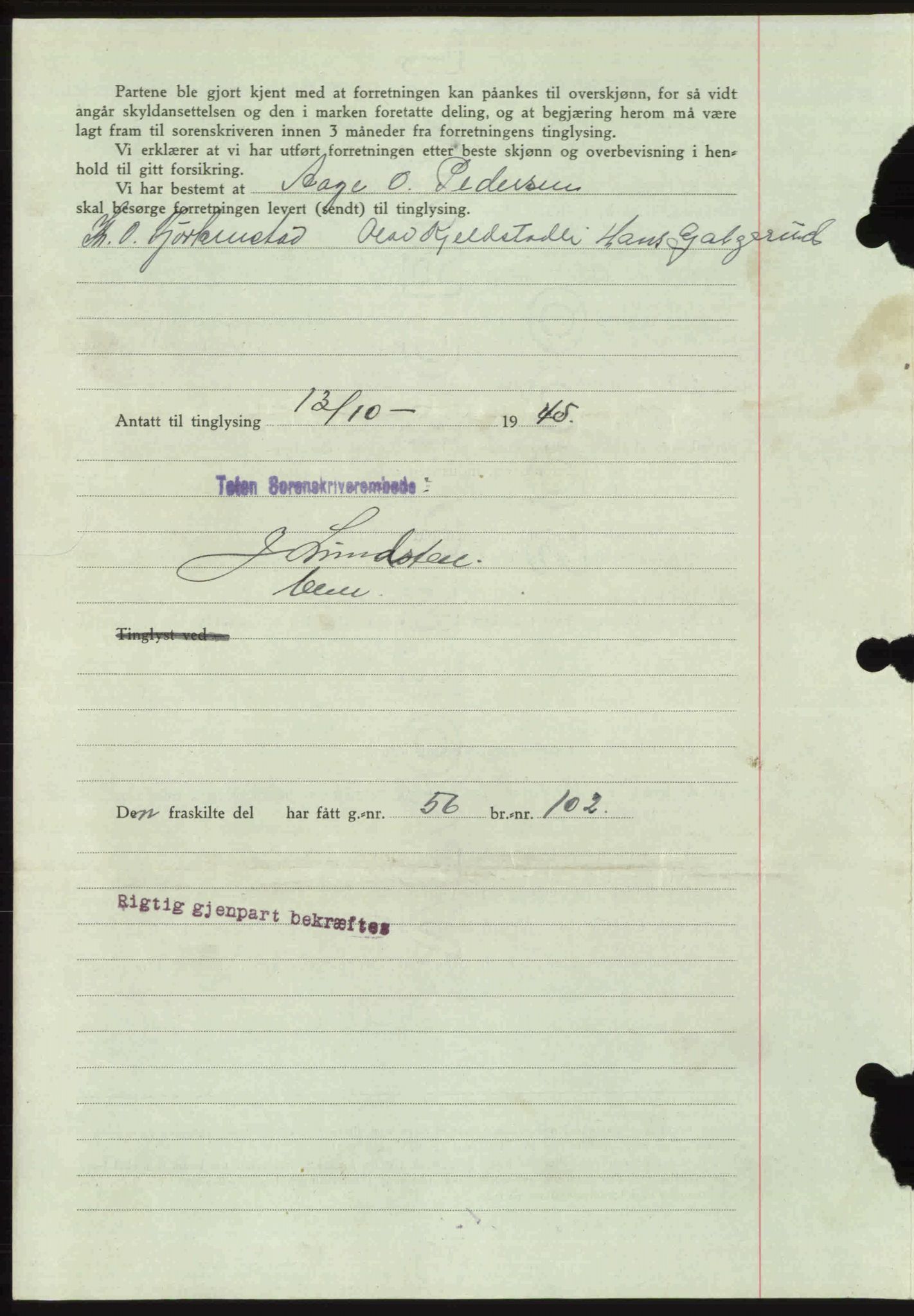 Toten tingrett, SAH/TING-006/H/Hb/Hbc/L0013: Mortgage book no. Hbc-13, 1945-1945, Diary no: : 1384/1945