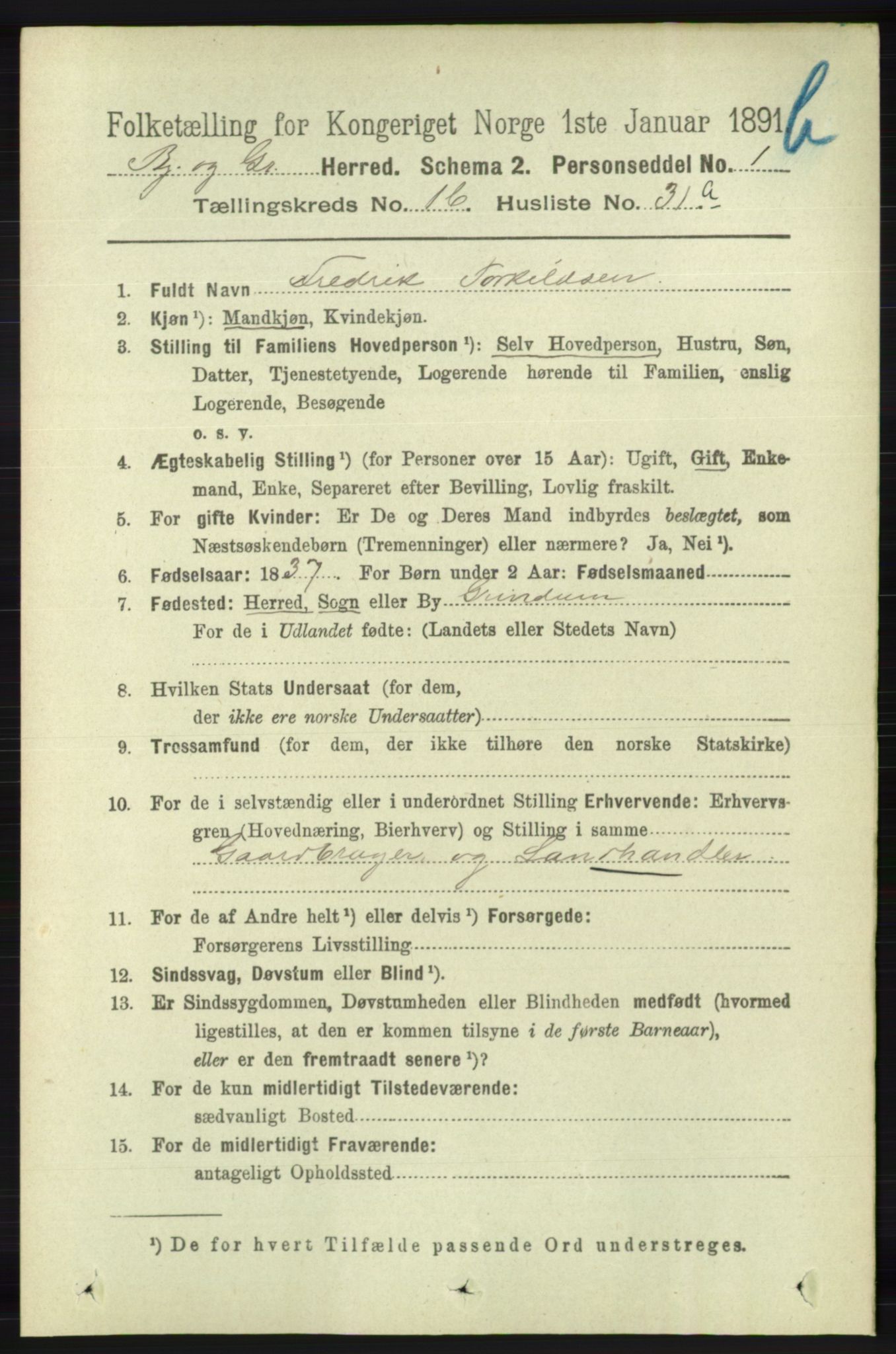 RA, 1891 census for 1024 Bjelland og Grindheim, 1891, p. 934