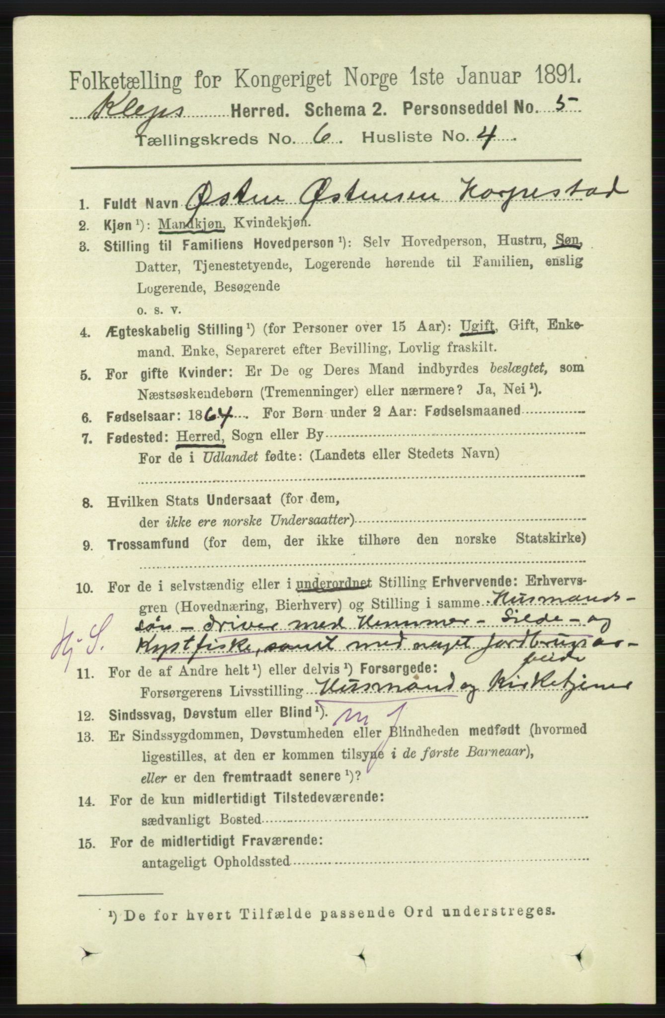 RA, 1891 census for 1120 Klepp, 1891, p. 1744