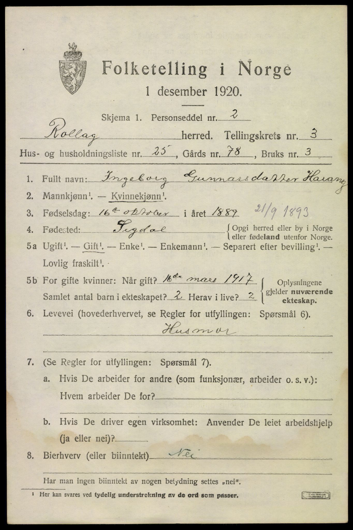 SAKO, 1920 census for Rollag, 1920, p. 1774