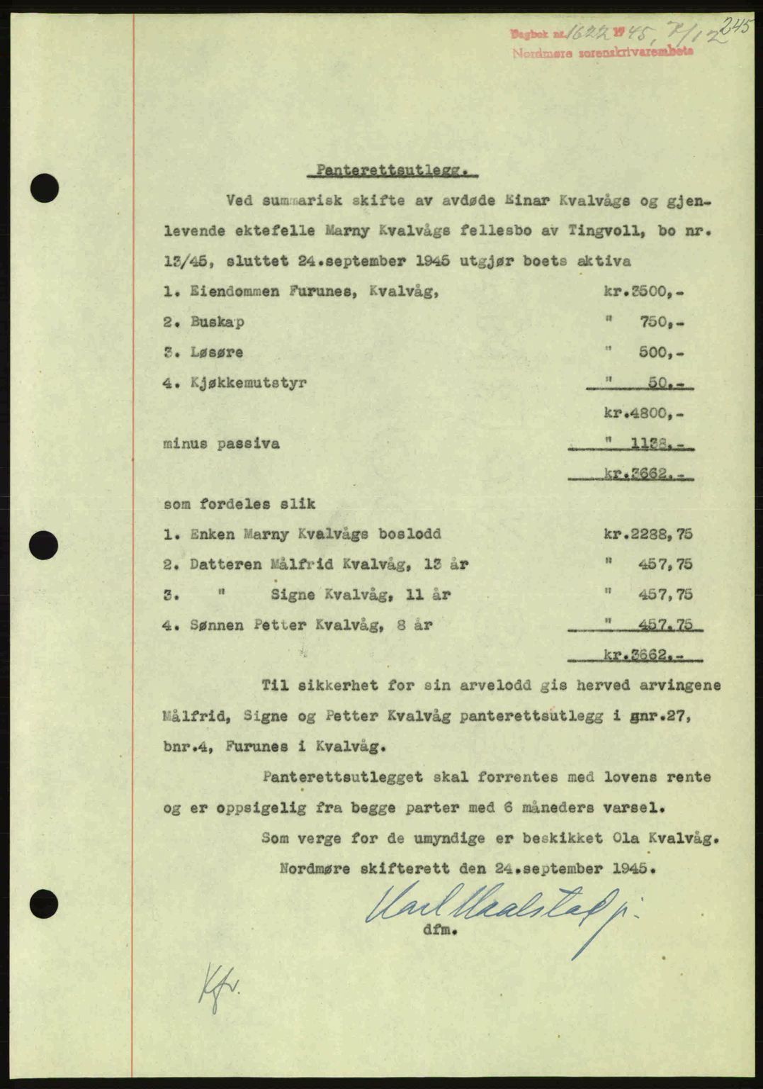 Nordmøre sorenskriveri, AV/SAT-A-4132/1/2/2Ca: Mortgage book no. B93a, 1945-1945, Diary no: : 1622/1945