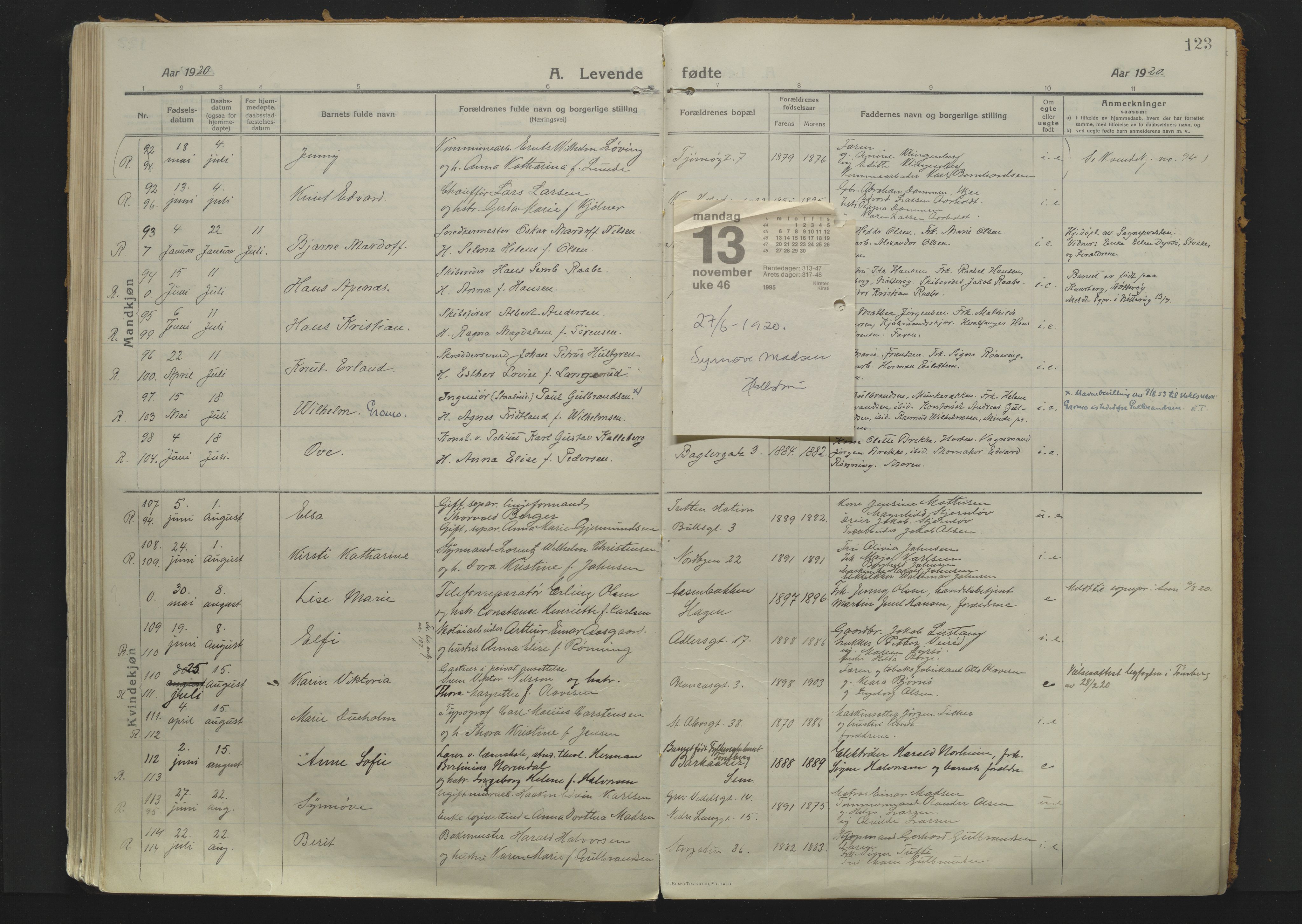 Tønsberg kirkebøker, AV/SAKO-A-330/F/Fa/L0017: Parish register (official) no. I 17, 1913-1929, p. 123