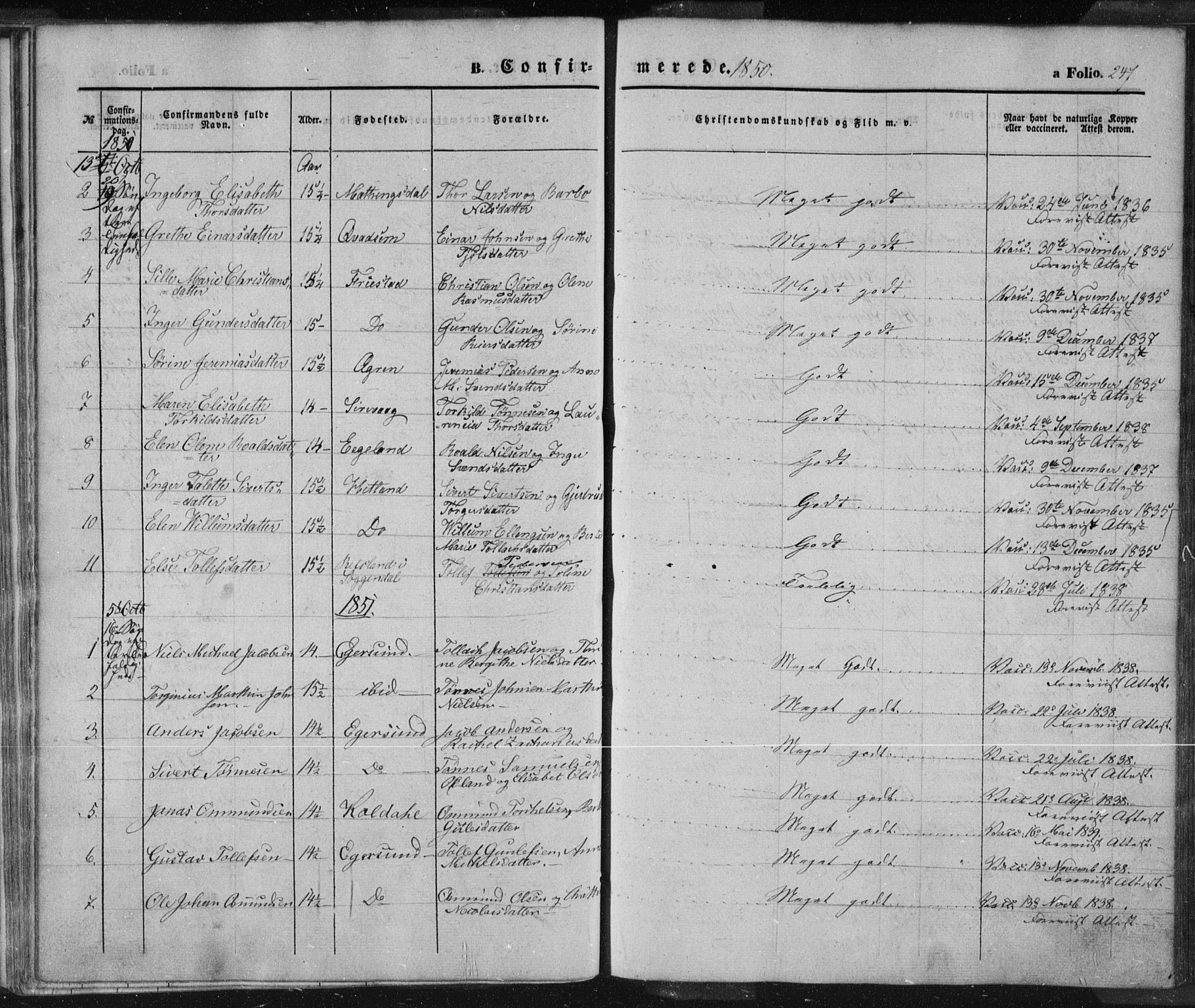Eigersund sokneprestkontor, SAST/A-101807/S08/L0012: Parish register (official) no. A 12.1, 1850-1865, p. 247