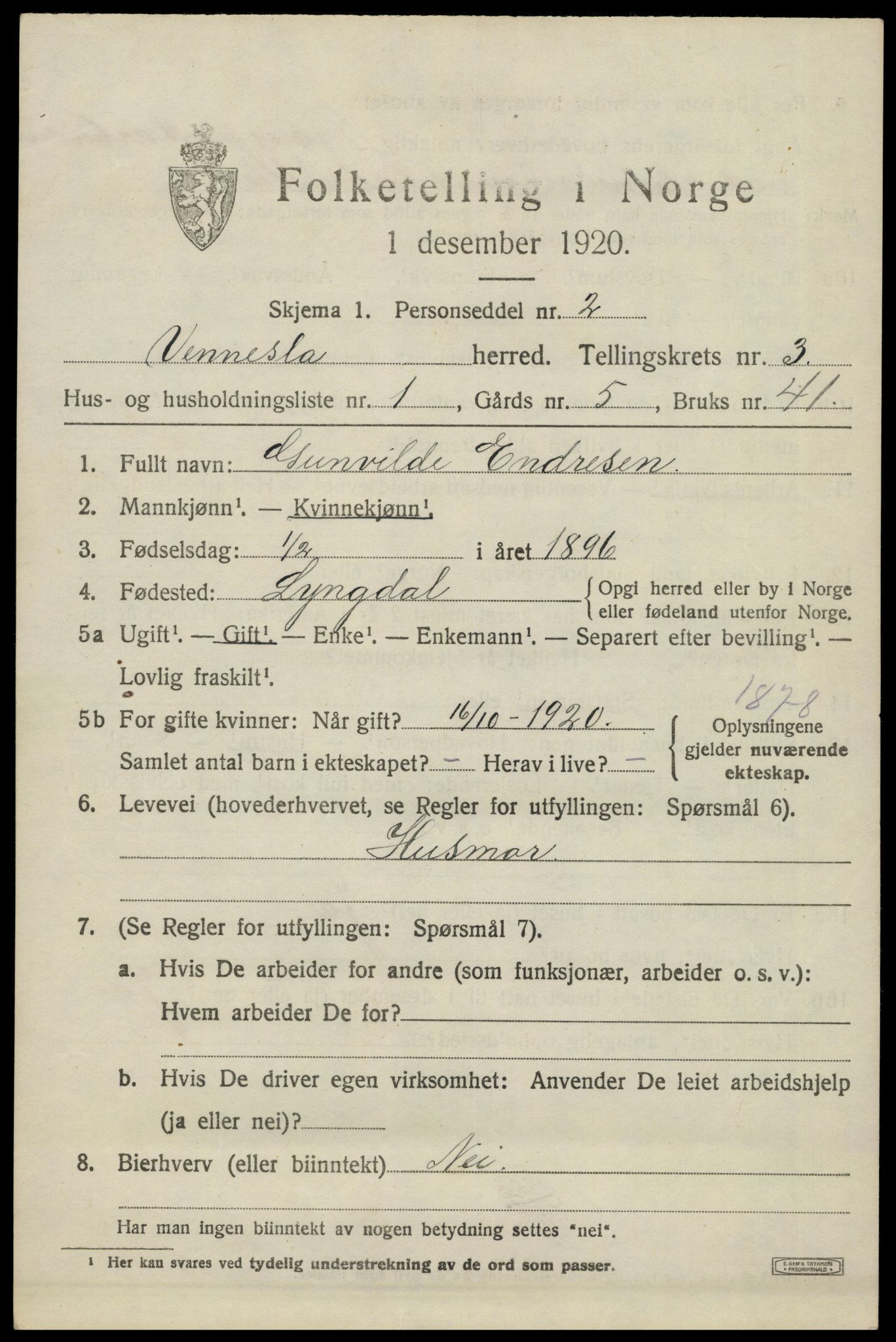 SAK, 1920 census for Vennesla, 1920, p. 2154