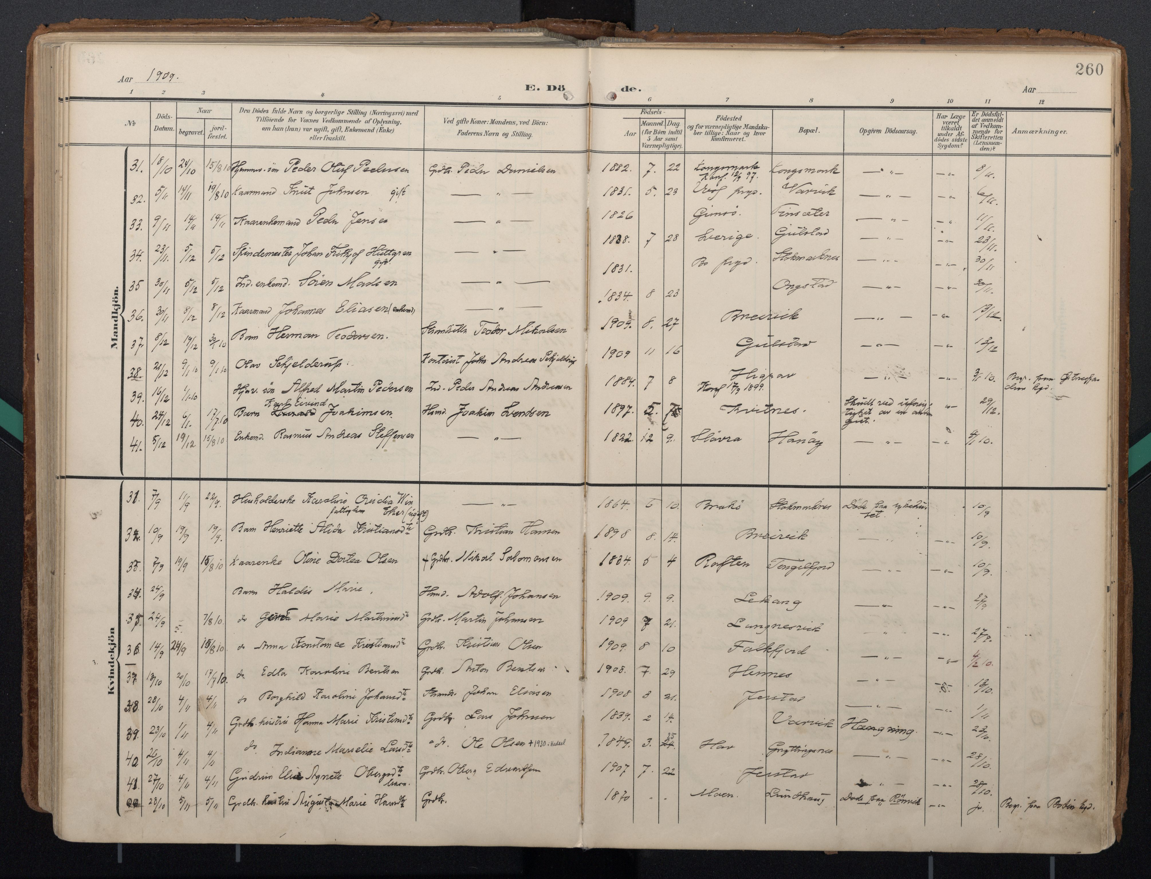 Ministerialprotokoller, klokkerbøker og fødselsregistre - Nordland, AV/SAT-A-1459/888/L1248: Parish register (official) no. 888A14, 1904-1913, p. 260