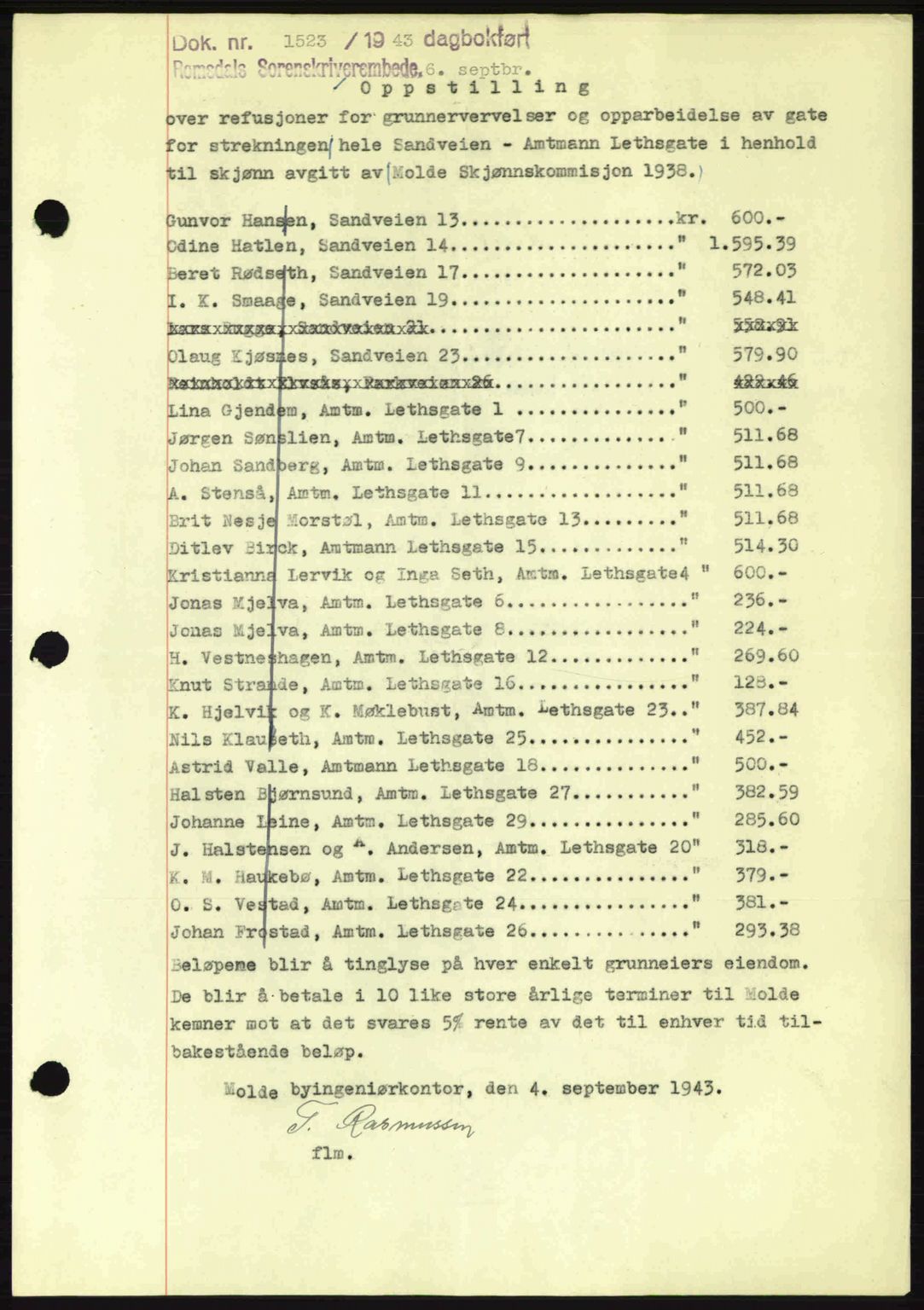 Romsdal sorenskriveri, AV/SAT-A-4149/1/2/2C: Mortgage book no. B2, 1939-1945, Diary no: : 1523/1943