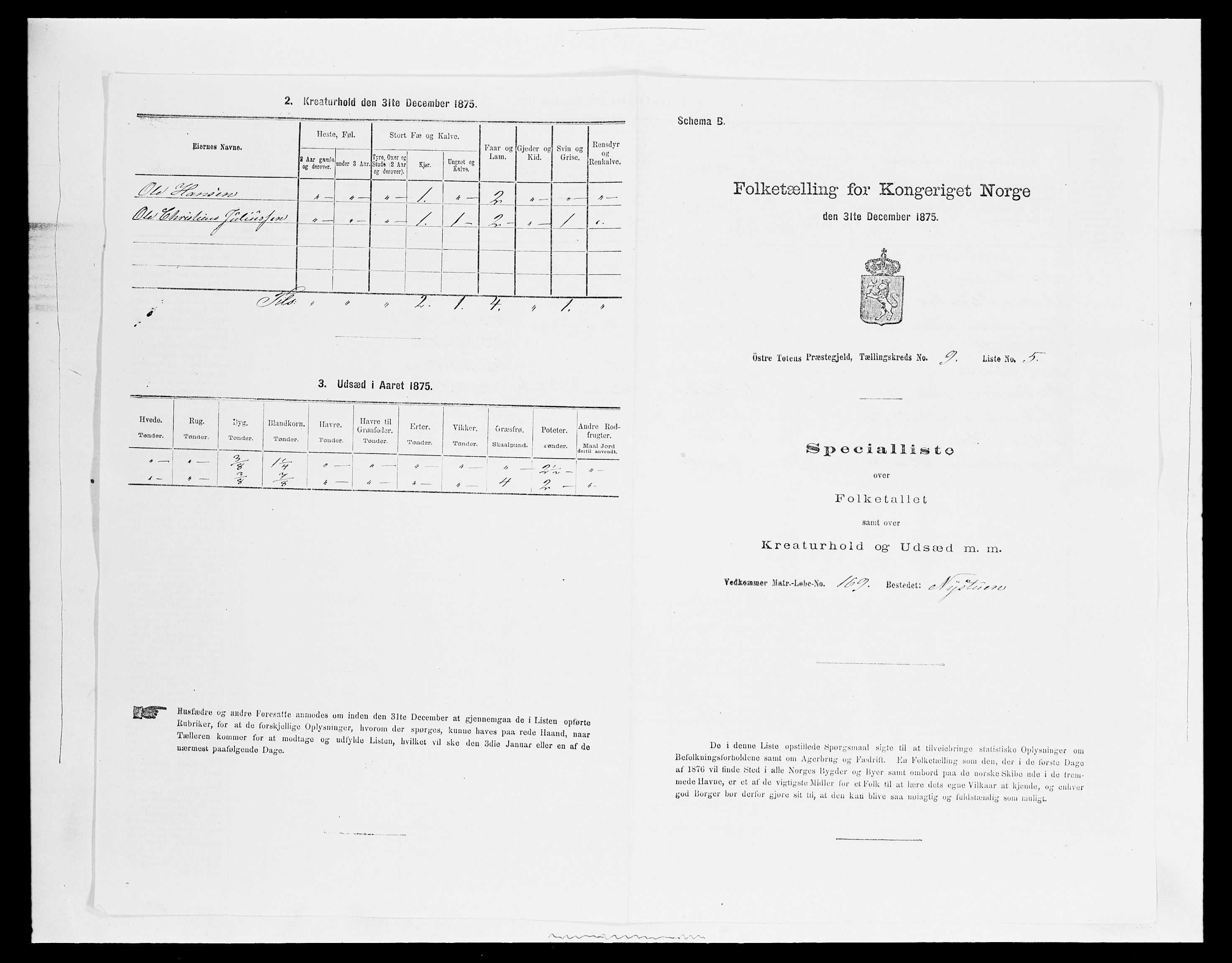 SAH, 1875 census for 0528P Østre Toten, 1875, p. 1623