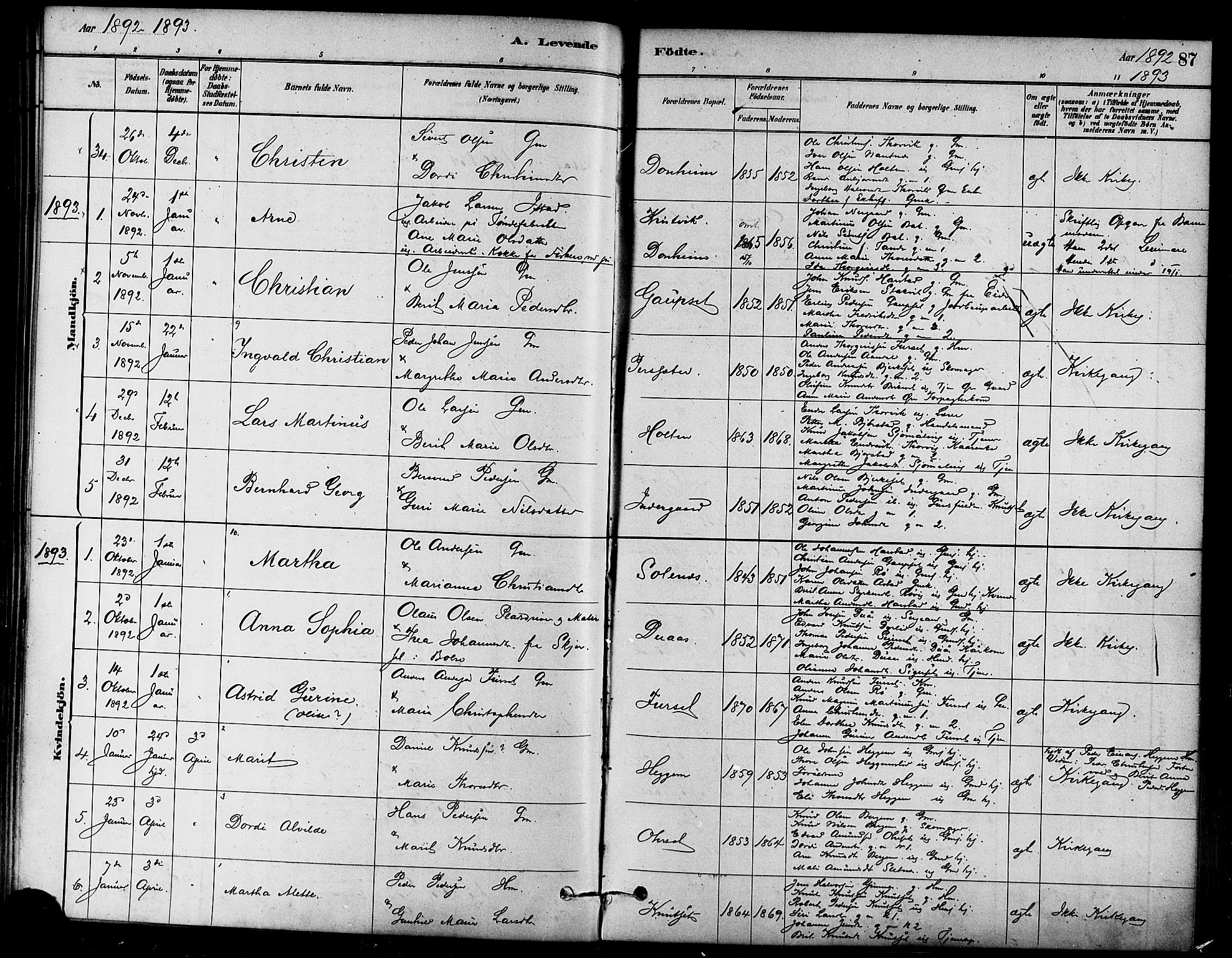 Ministerialprotokoller, klokkerbøker og fødselsregistre - Møre og Romsdal, SAT/A-1454/584/L0967: Parish register (official) no. 584A07, 1879-1894, p. 87