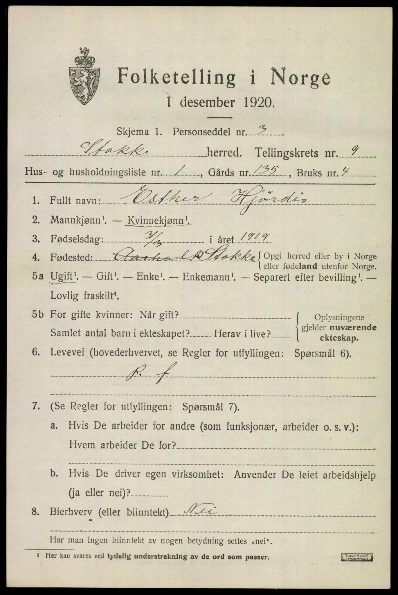 SAKO, 1920 census for Stokke, 1920, p. 10490