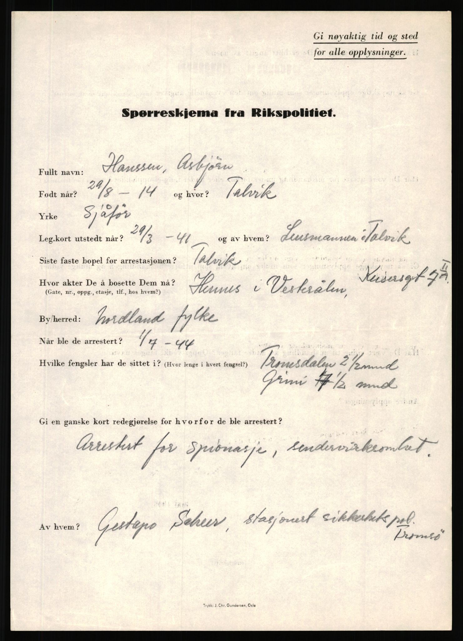 Rikspolitisjefen, AV/RA-S-1560/L/L0006: Hansen, Adolf Boye - Hemstad, Gunnar, 1940-1945, p. 57