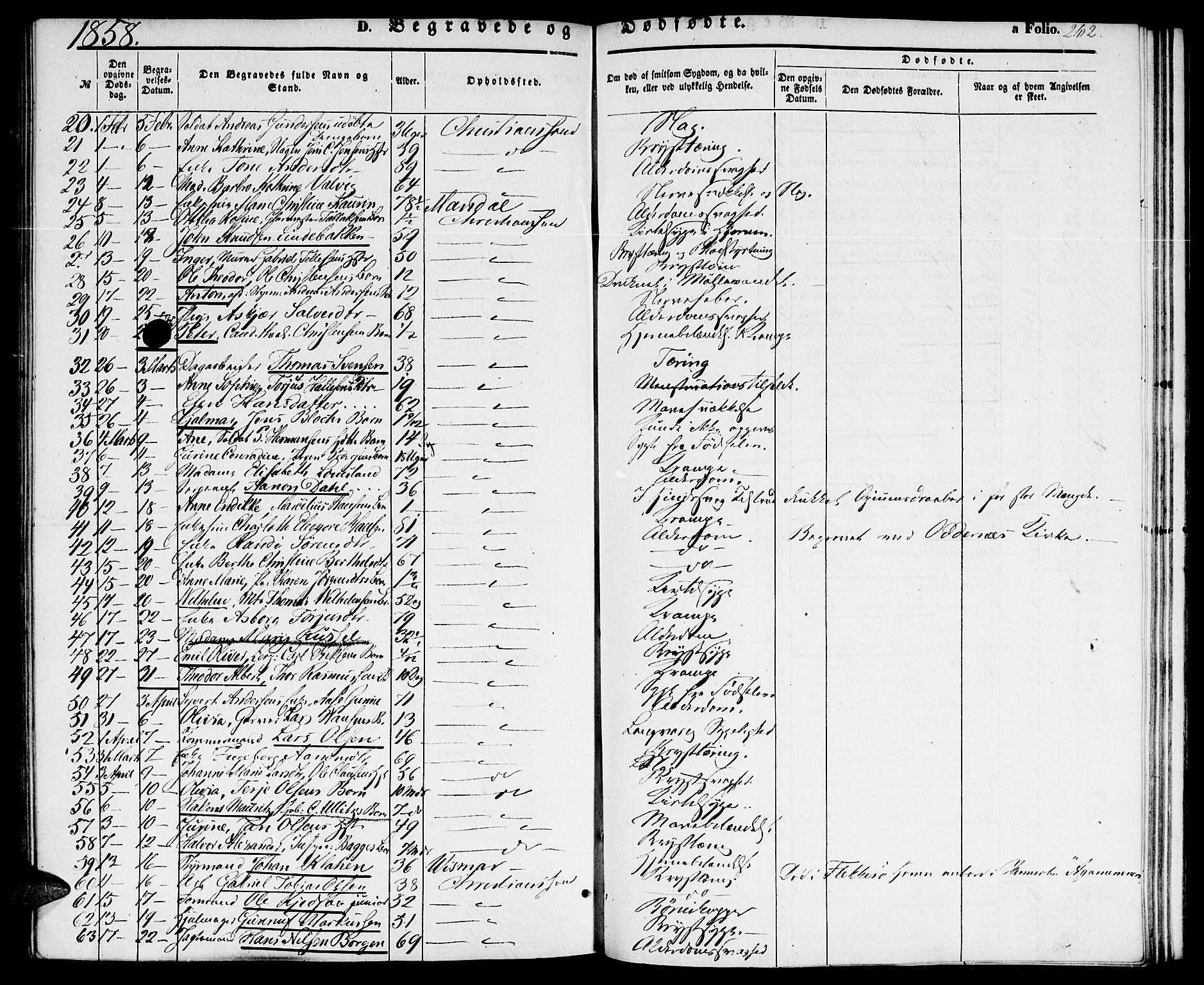 Kristiansand domprosti, SAK/1112-0006/F/Fb/L0011: Parish register (copy) no. B 11, 1851-1861, p. 262