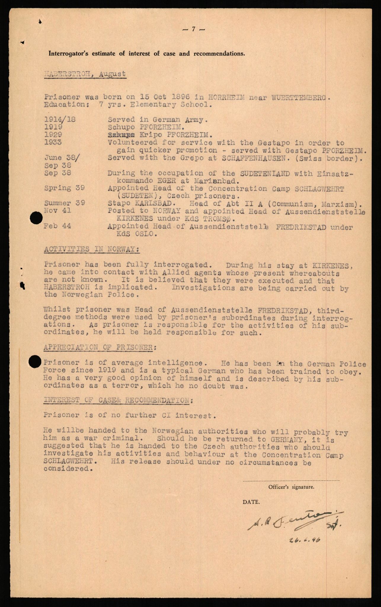 Forsvaret, Forsvarets overkommando II, RA/RAFA-3915/D/Db/L0011: CI Questionaires. Tyske okkupasjonsstyrker i Norge. Tyskere., 1945-1946, p. 132