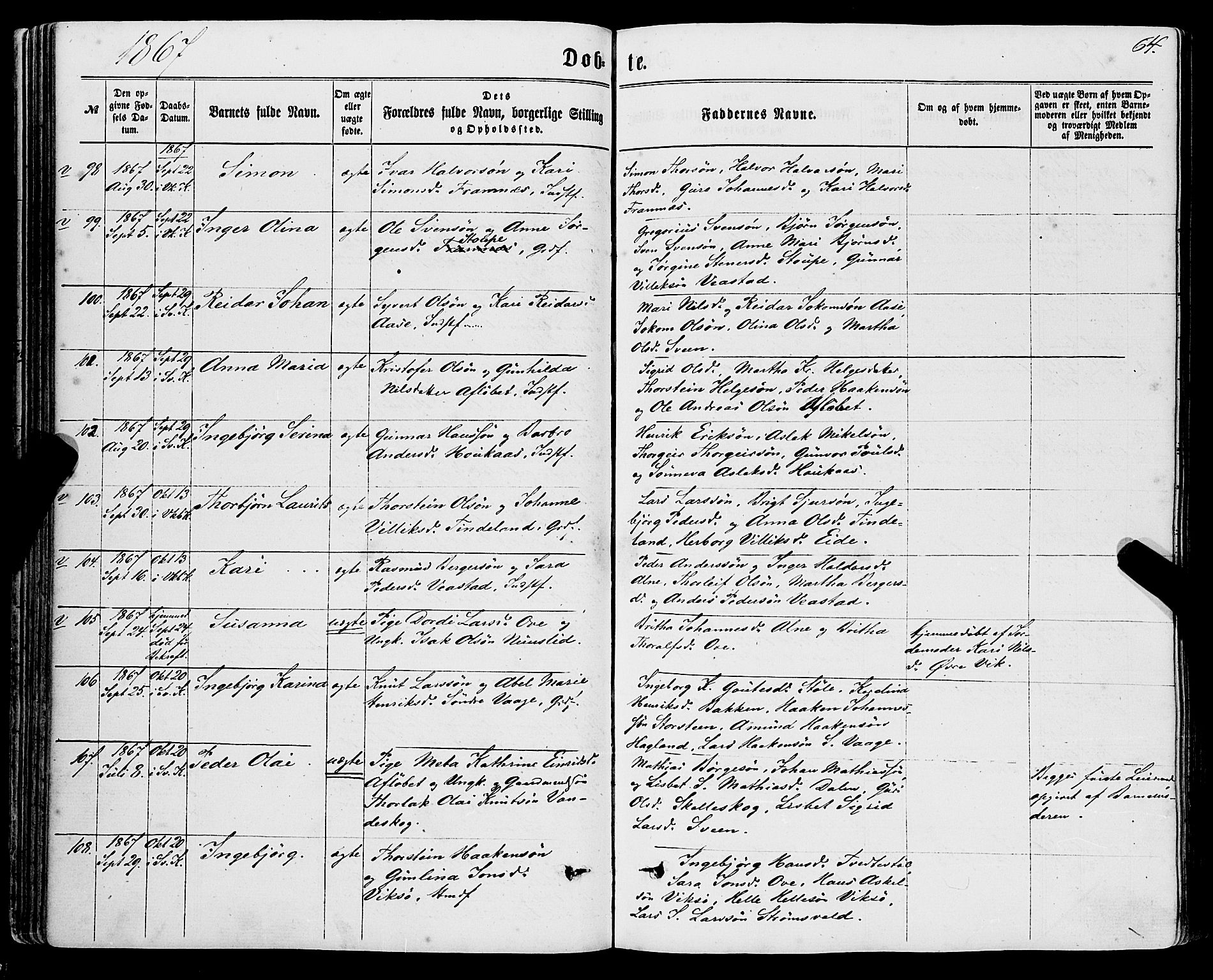Sveio Sokneprestembete, AV/SAB-A-78501/H/Haa: Parish register (official) no. A 1, 1861-1877, p. 64