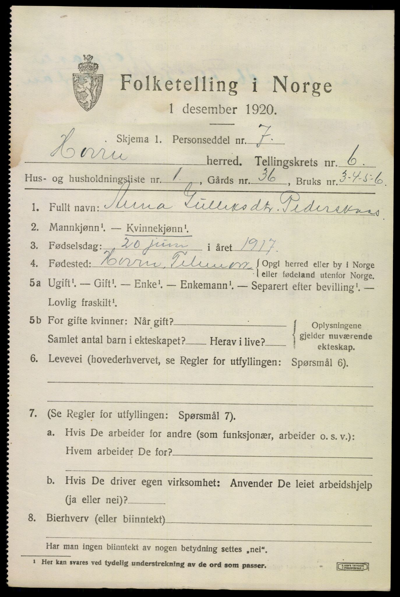 SAKO, 1920 census for Hovin, 1920, p. 1449