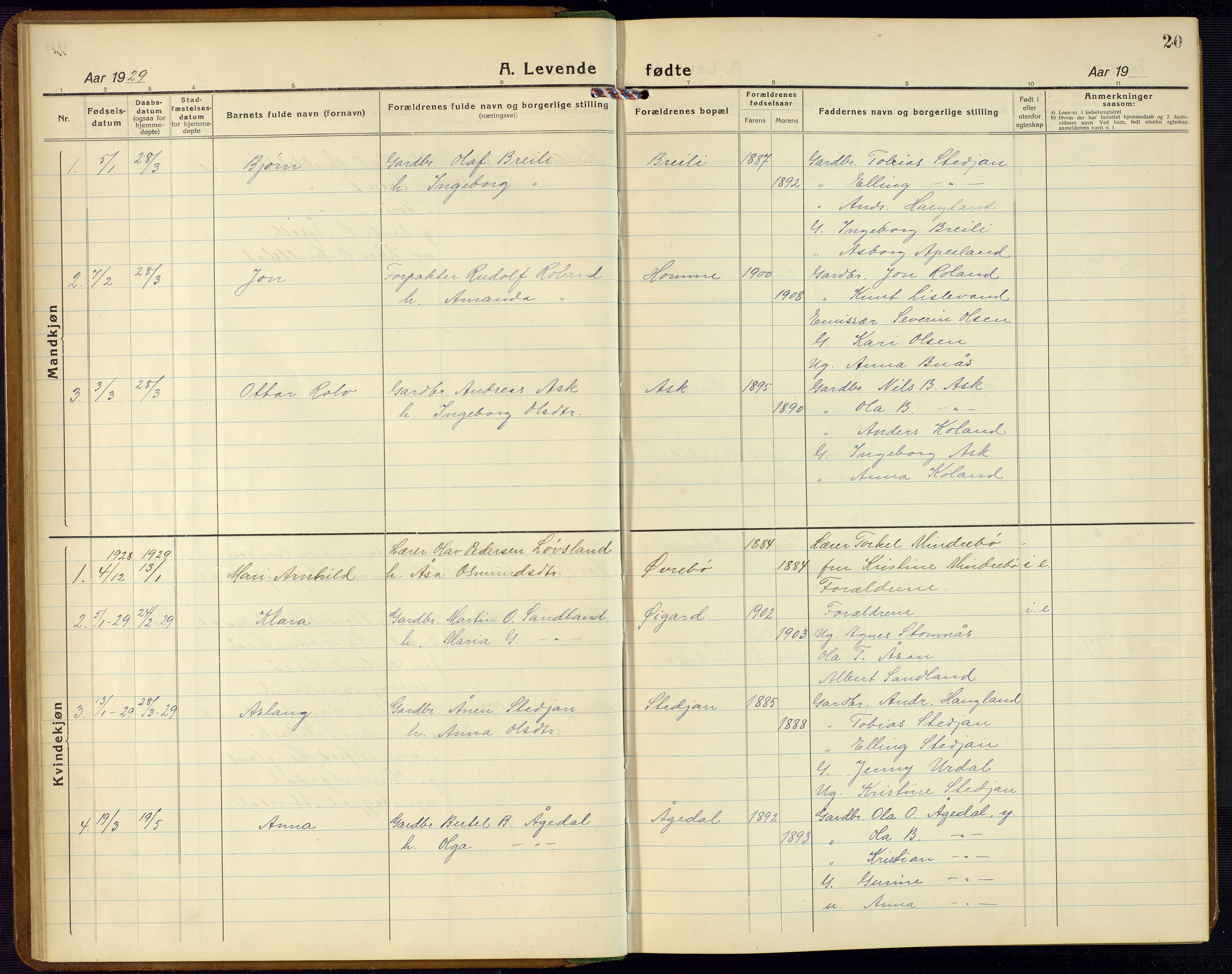 Bjelland sokneprestkontor, SAK/1111-0005/F/Fb/Fba/L0006: Parish register (copy) no. B 6, 1923-1956, p. 20