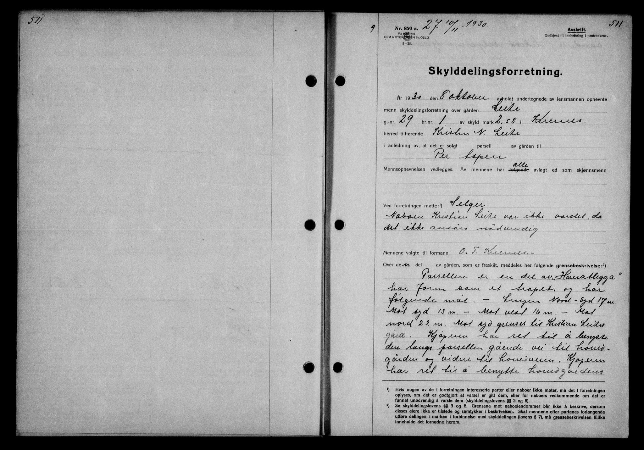 Nordmøre sorenskriveri, AV/SAT-A-4132/1/2/2Ca/L0070: Mortgage book no. 60, 1930-1930, Deed date: 10.11.1930