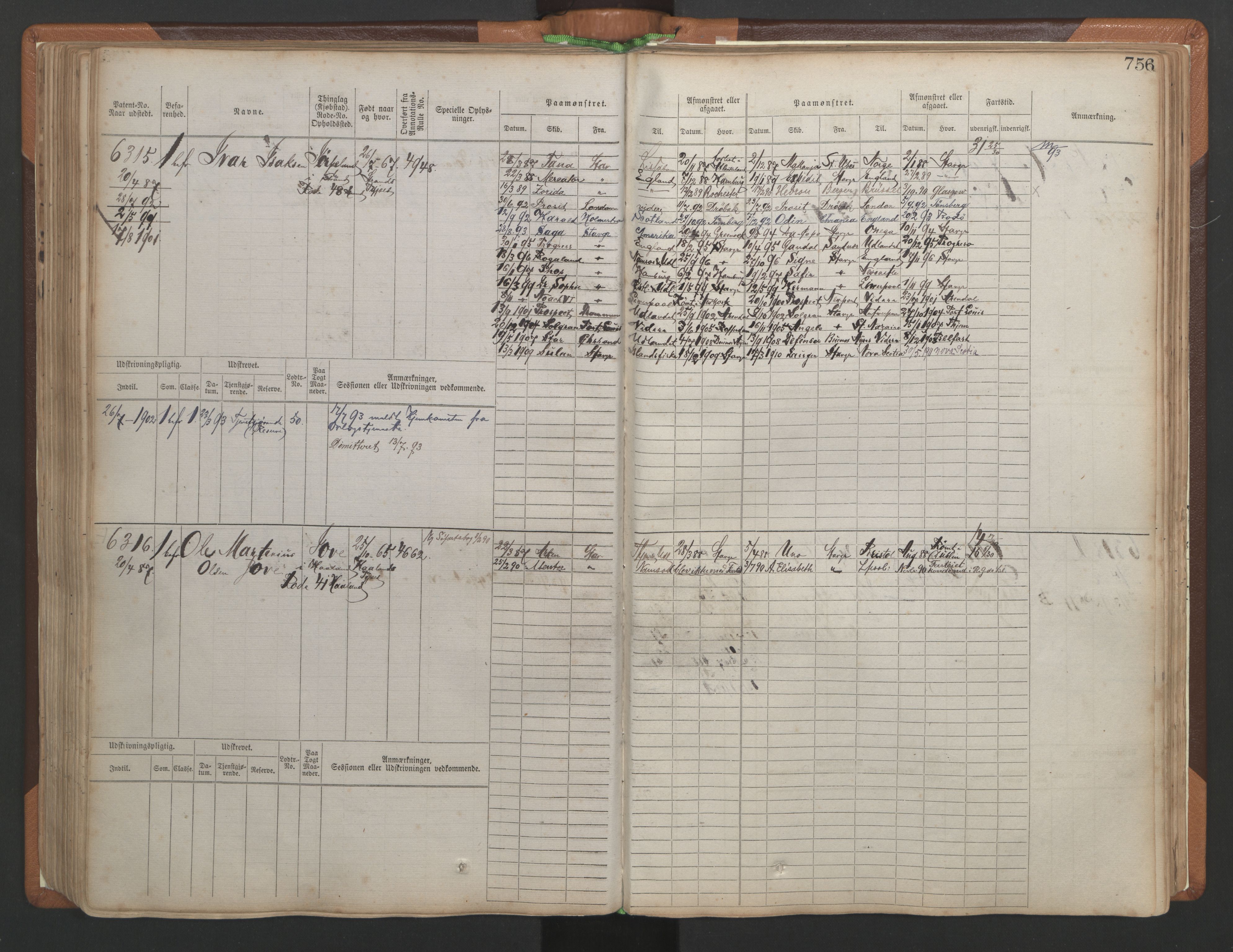 Stavanger sjømannskontor, AV/SAST-A-102006/F/Fb/Fbb/L0010: Sjøfartshovedrulle, patentnr. 6007-6606 (del 1), 1887-1896, p. 160