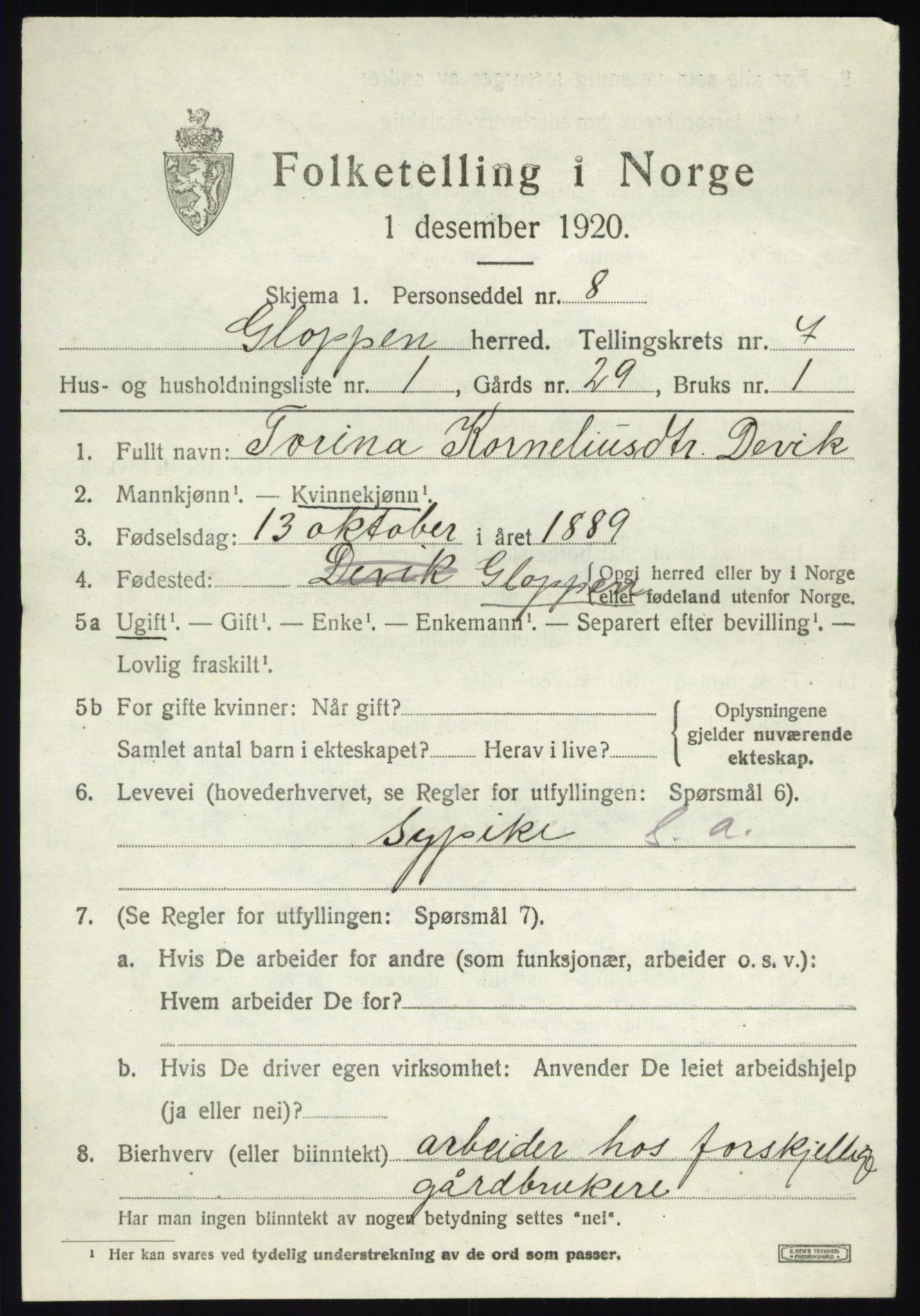 SAB, 1920 census for Gloppen, 1920, p. 4088