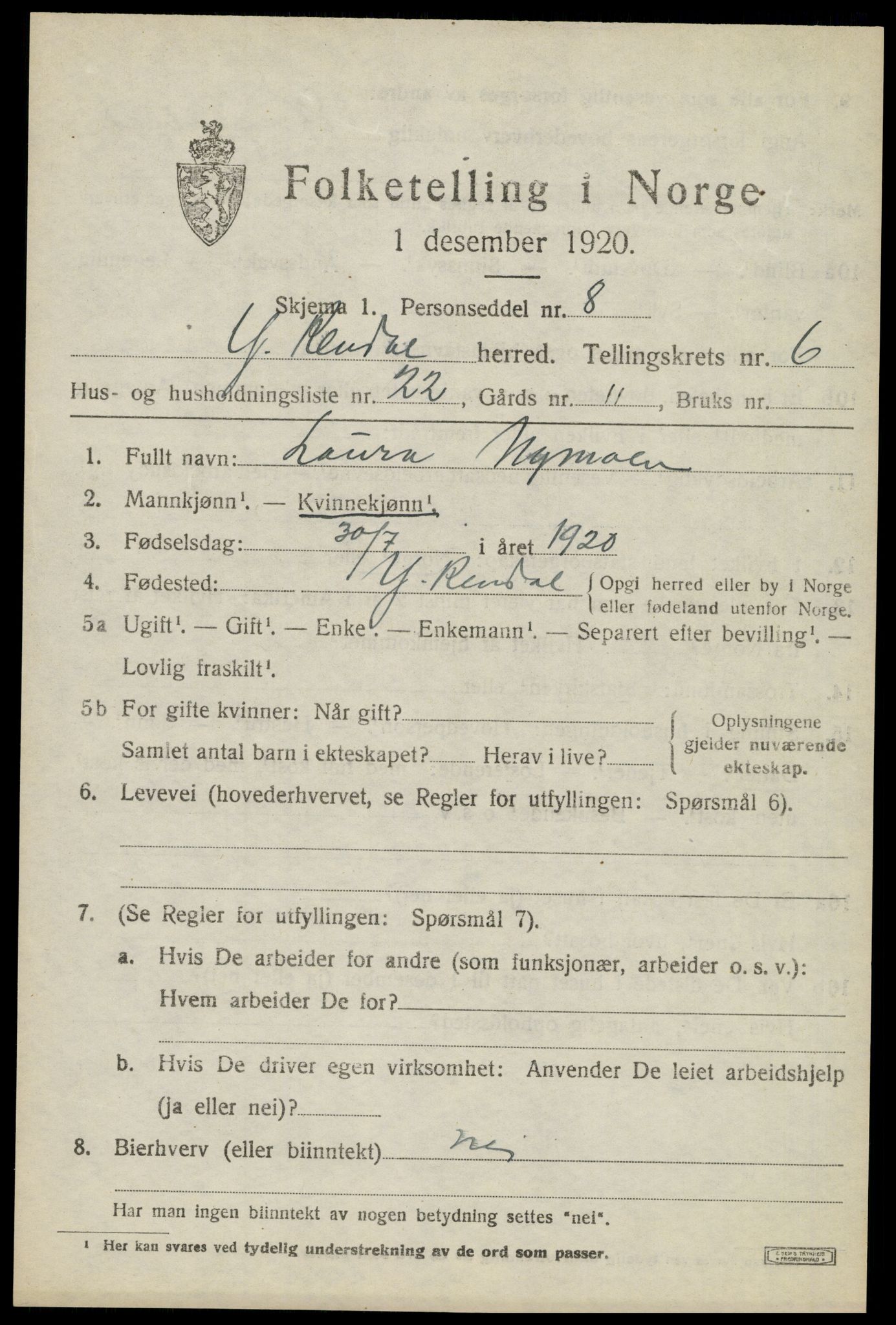 SAH, 1920 census for Ytre Rendal, 1920, p. 3635