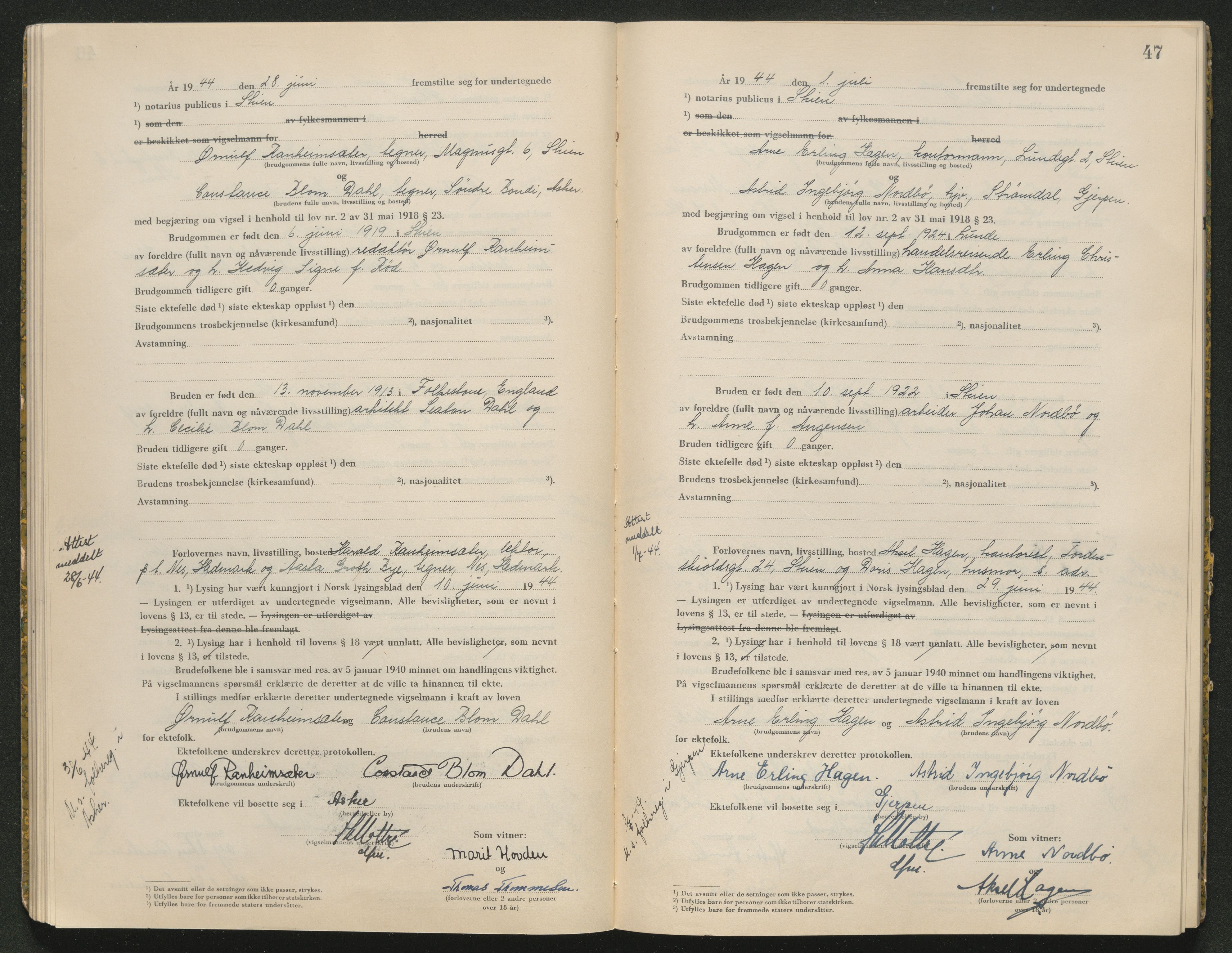 Skien sorenskriveri, AV/SAKO-A-225/L/La/L0001: Vigselsprotokoll, 1920-1947, p. 47