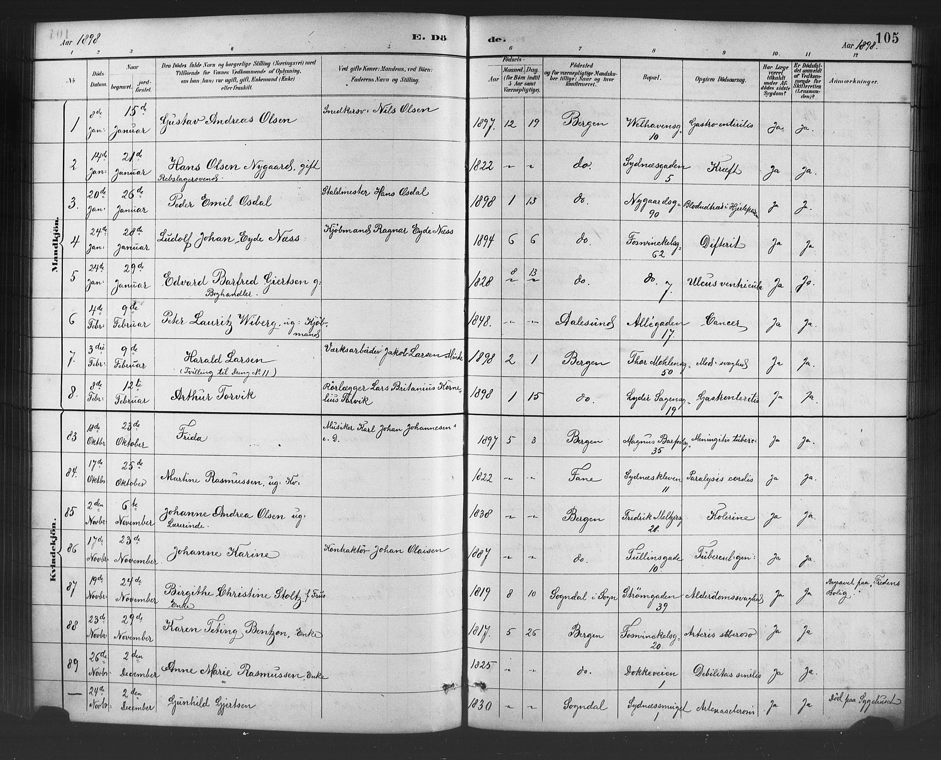 Johanneskirken Sokneprestembete, SAB/A-76001/H/Hab: Parish register (copy) no. D 1, 1885-1915, p. 105