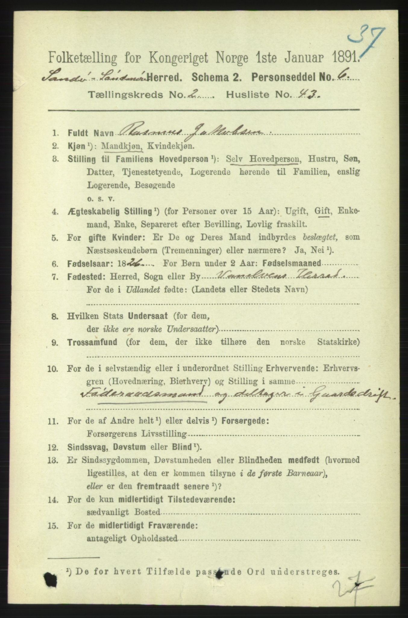 RA, 1891 census for 1514 Sande, 1891, p. 415