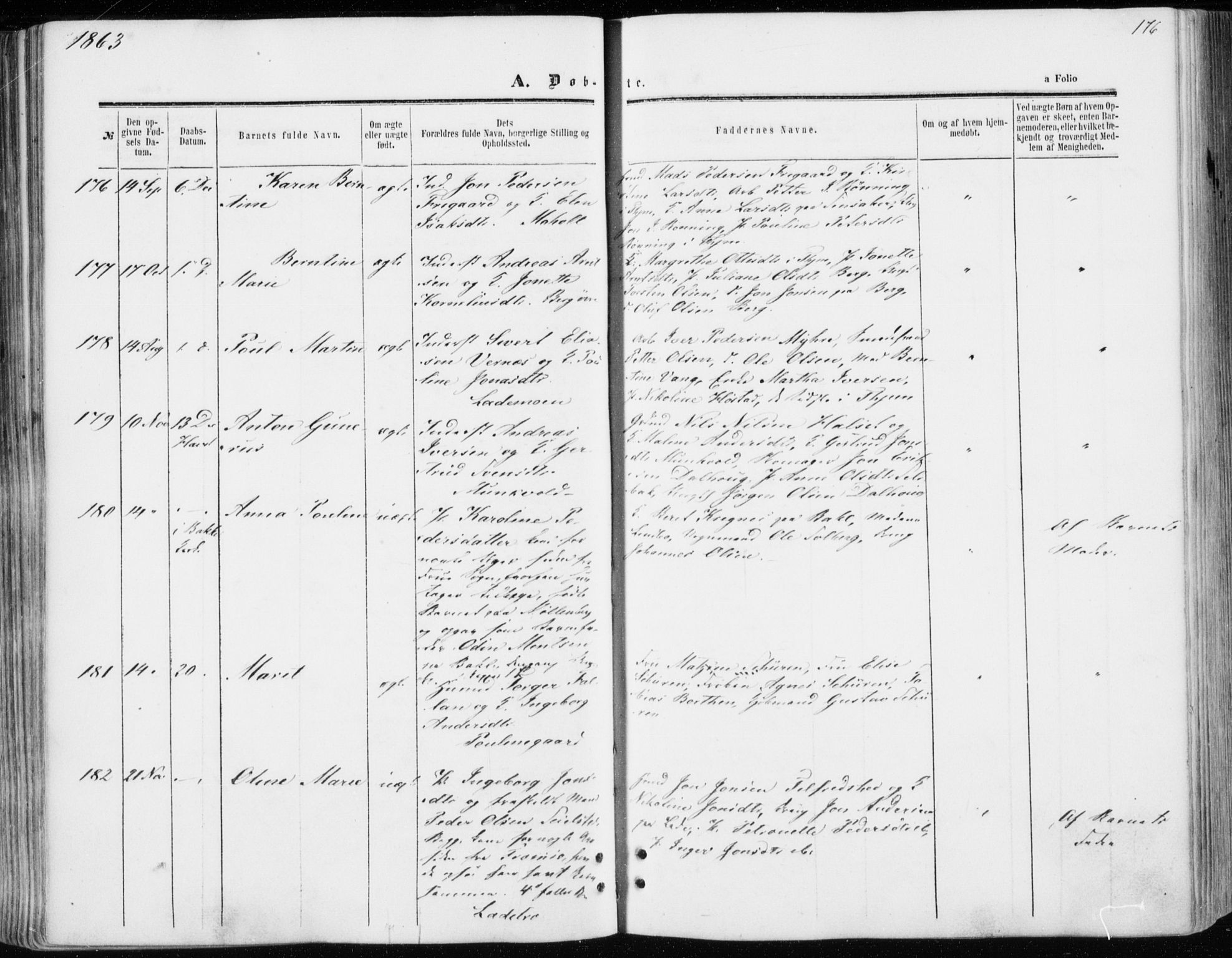 Ministerialprotokoller, klokkerbøker og fødselsregistre - Sør-Trøndelag, AV/SAT-A-1456/606/L0292: Parish register (official) no. 606A07, 1856-1865, p. 176