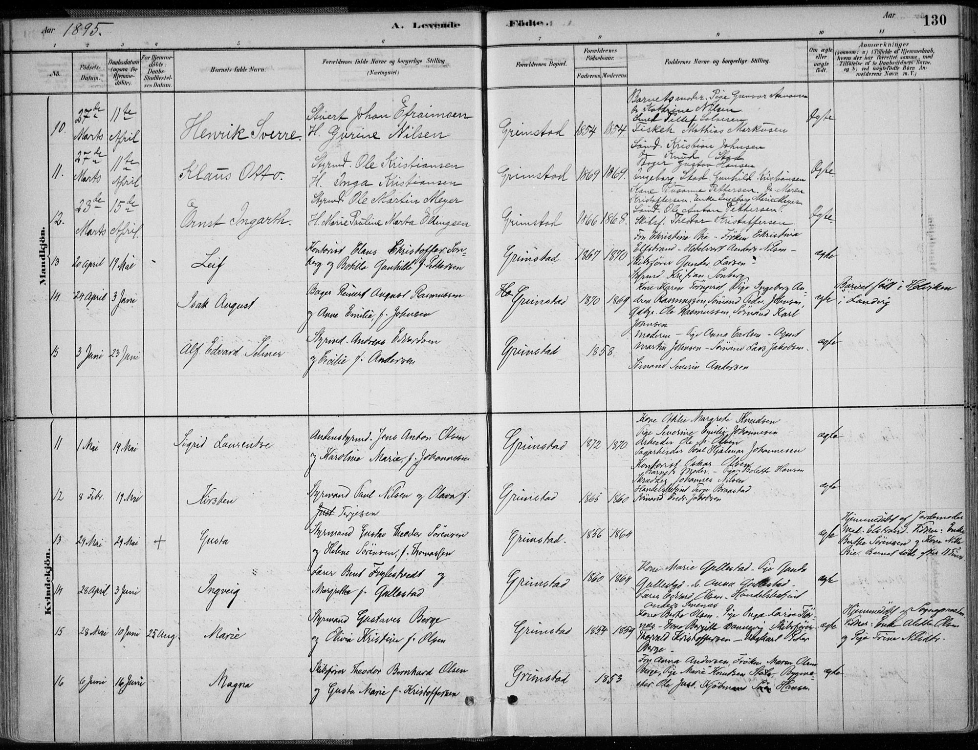 Grimstad sokneprestkontor, AV/SAK-1111-0017/F/Fa/L0003: Parish register (official) no. A 2, 1882-1912, p. 130