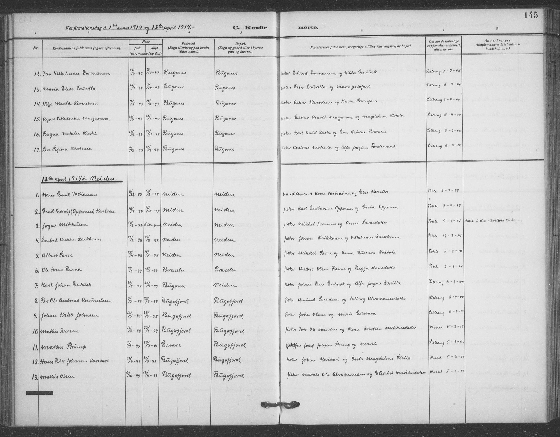 Sør-Varanger sokneprestkontor, SATØ/S-1331/H/Ha/L0005kirke: Parish register (official) no. 5, 1909-1919, p. 145