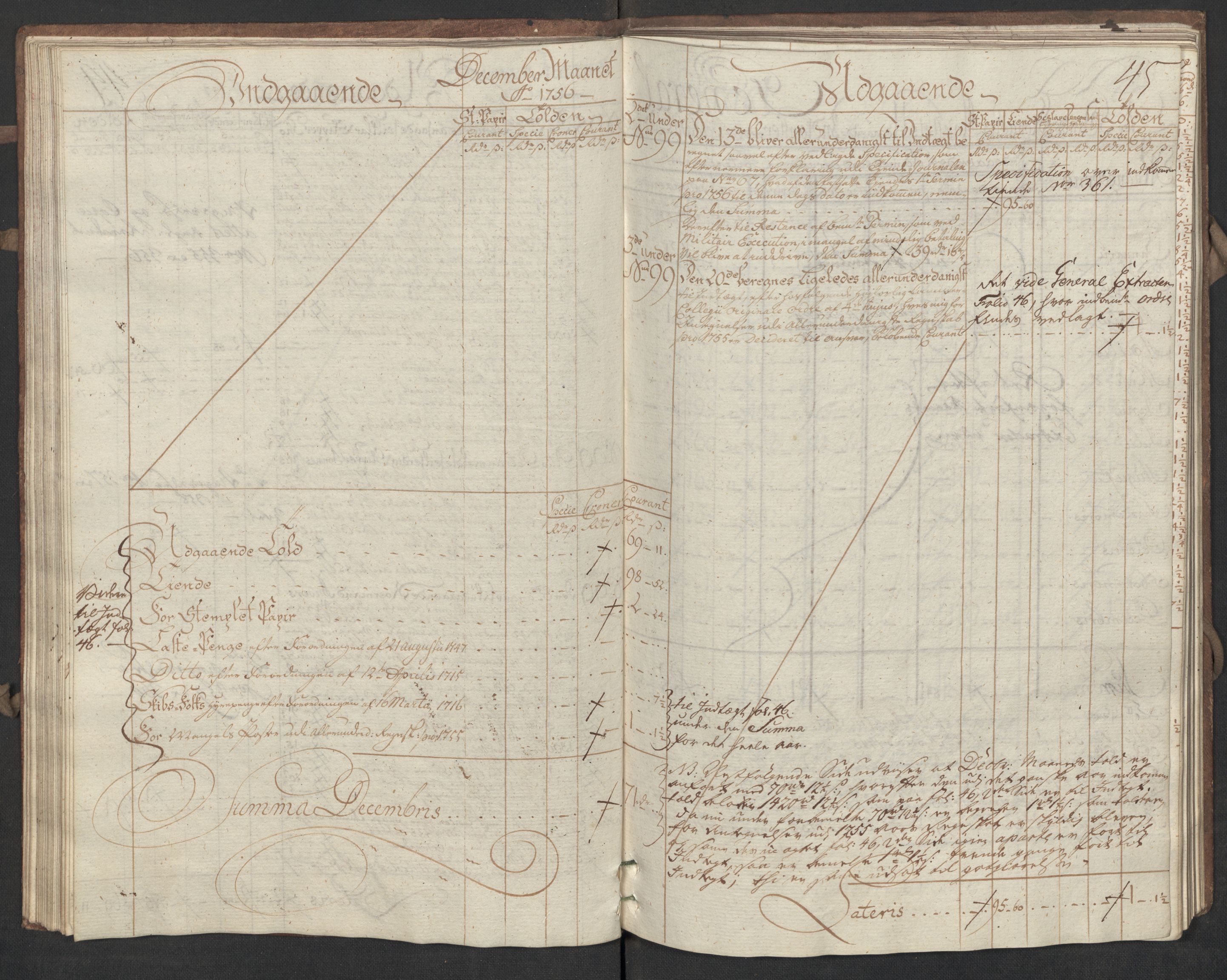 Generaltollkammeret, tollregnskaper, AV/RA-EA-5490/R17/L0017/0002: Tollregnskaper Mandal / Utgående hovedtollbok, 1756, p. 44b-45a