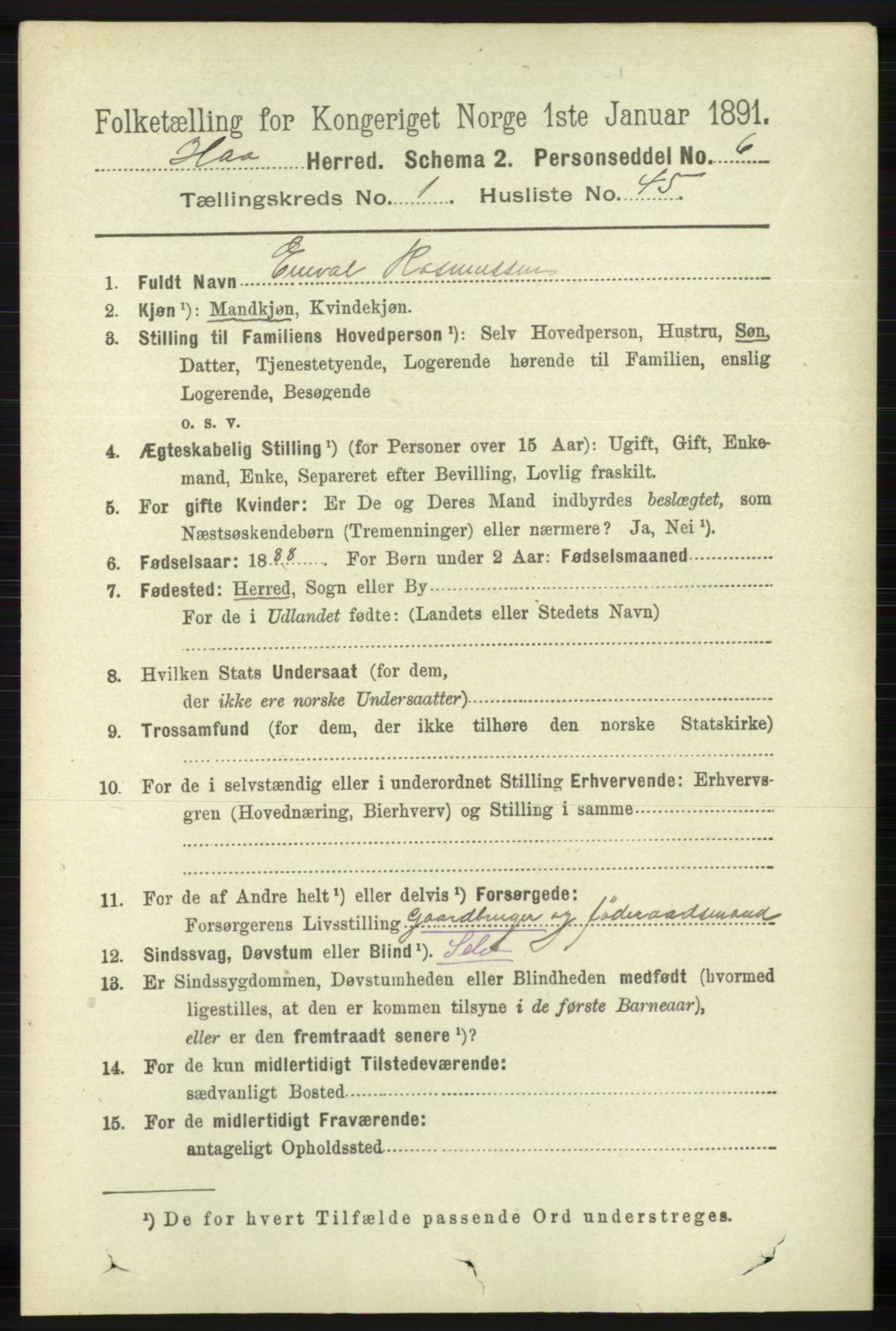 RA, 1891 census for 1119 Hå, 1891, p. 316