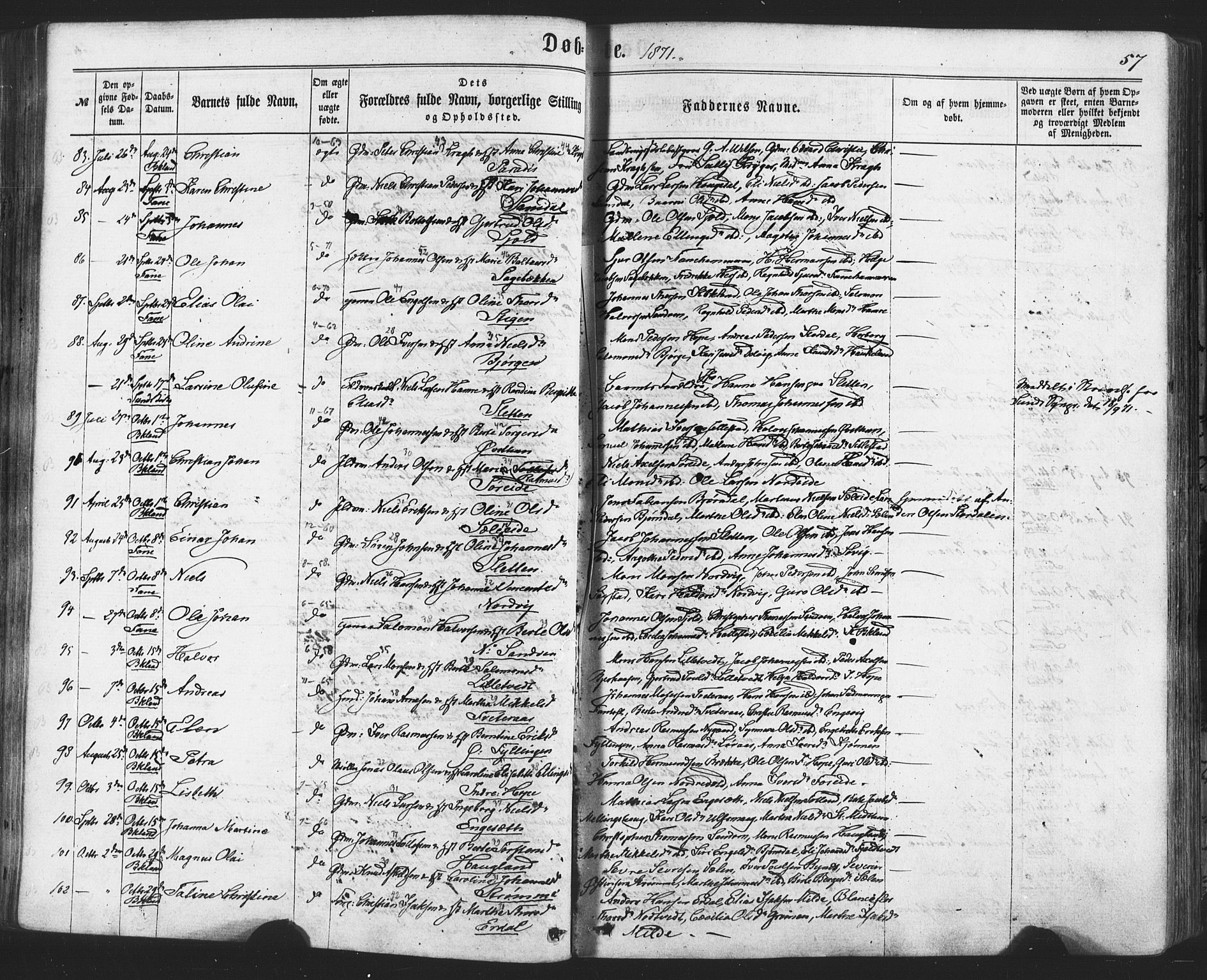 Fana Sokneprestembete, AV/SAB-A-75101/H/Haa/Haaa/L0012: Parish register (official) no. A 12, 1862-1878, p. 57