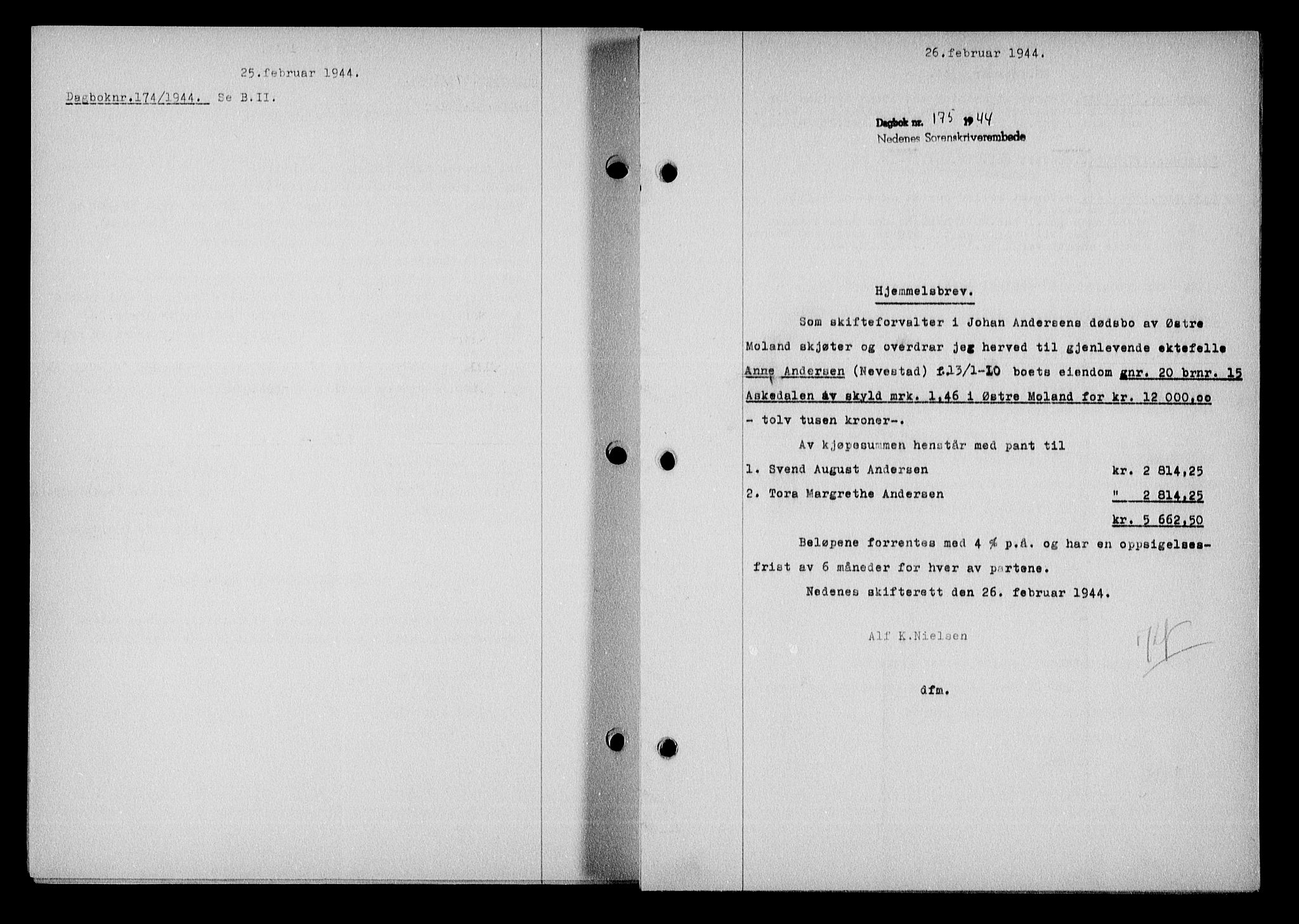 Nedenes sorenskriveri, SAK/1221-0006/G/Gb/Gba/L0051: Mortgage book no. A-V, 1943-1944, Diary no: : 175/1944