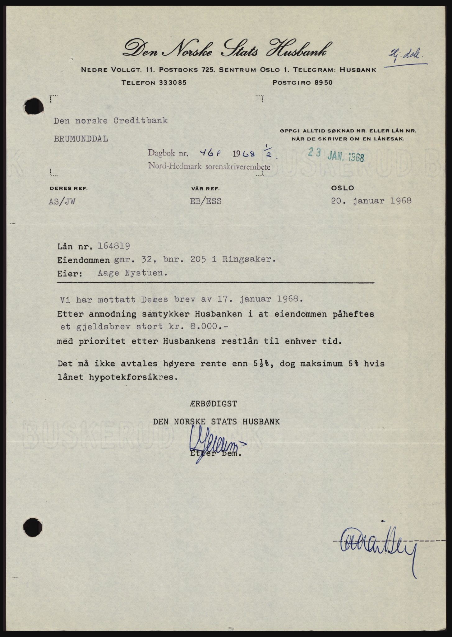 Nord-Hedmark sorenskriveri, SAH/TING-012/H/Hc/L0027: Mortgage book no. 27, 1967-1968, Diary no: : 461/1968