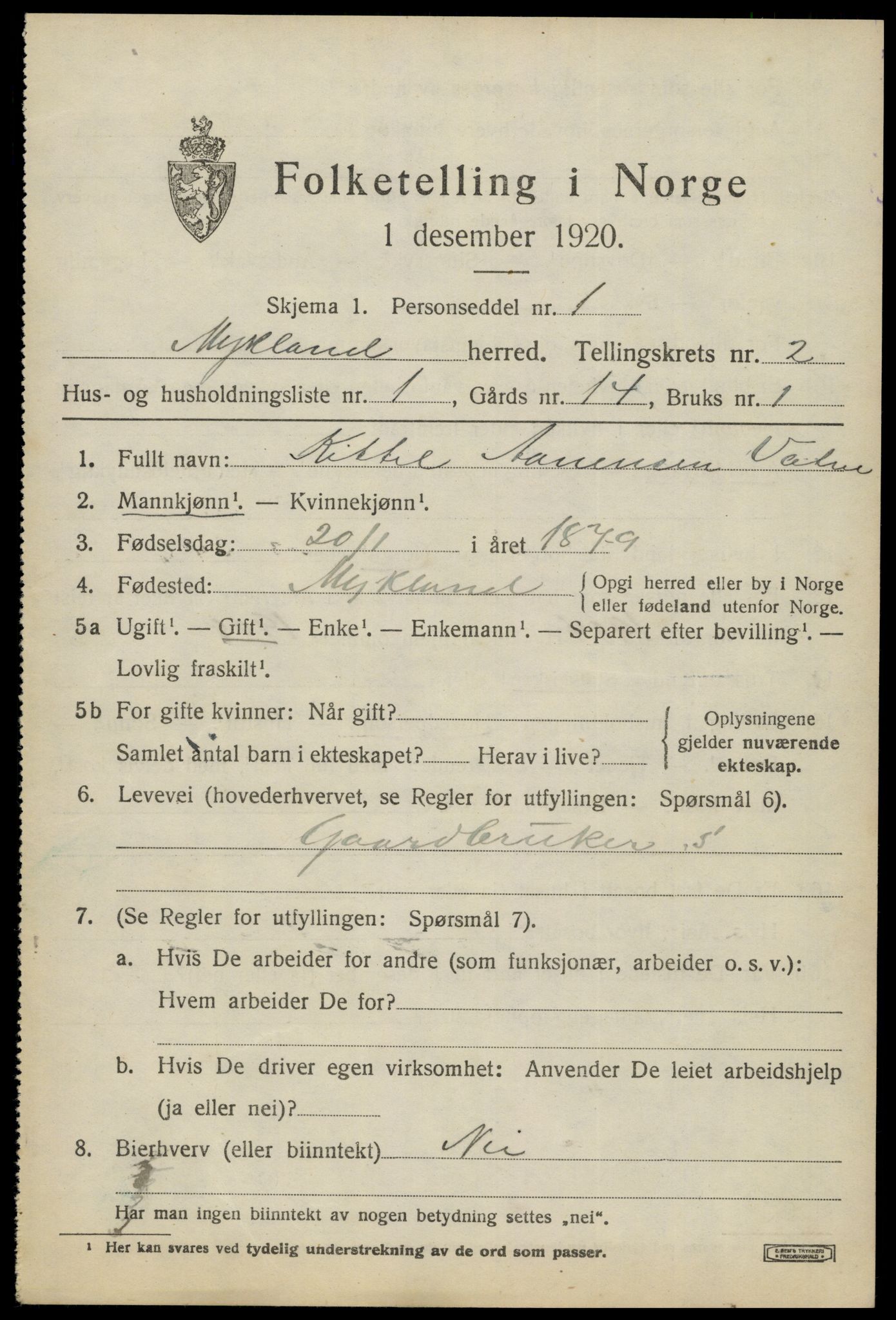 SAK, 1920 census for Mykland, 1920, p. 704