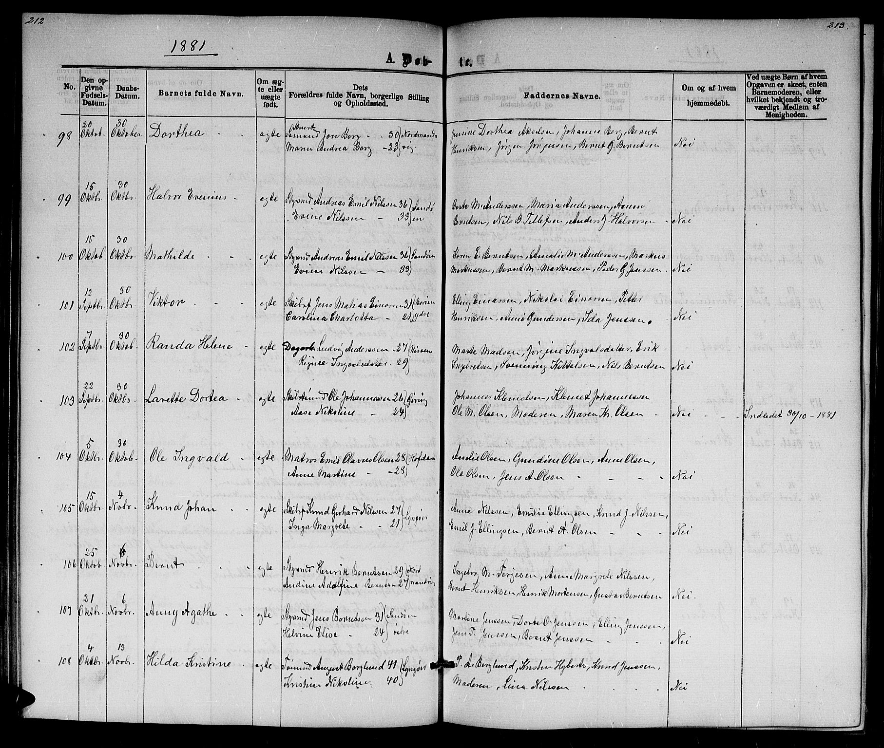 Dypvåg sokneprestkontor, AV/SAK-1111-0007/F/Fb/Fba/L0012: Parish register (copy) no. B 12, 1872-1886, p. 212-213