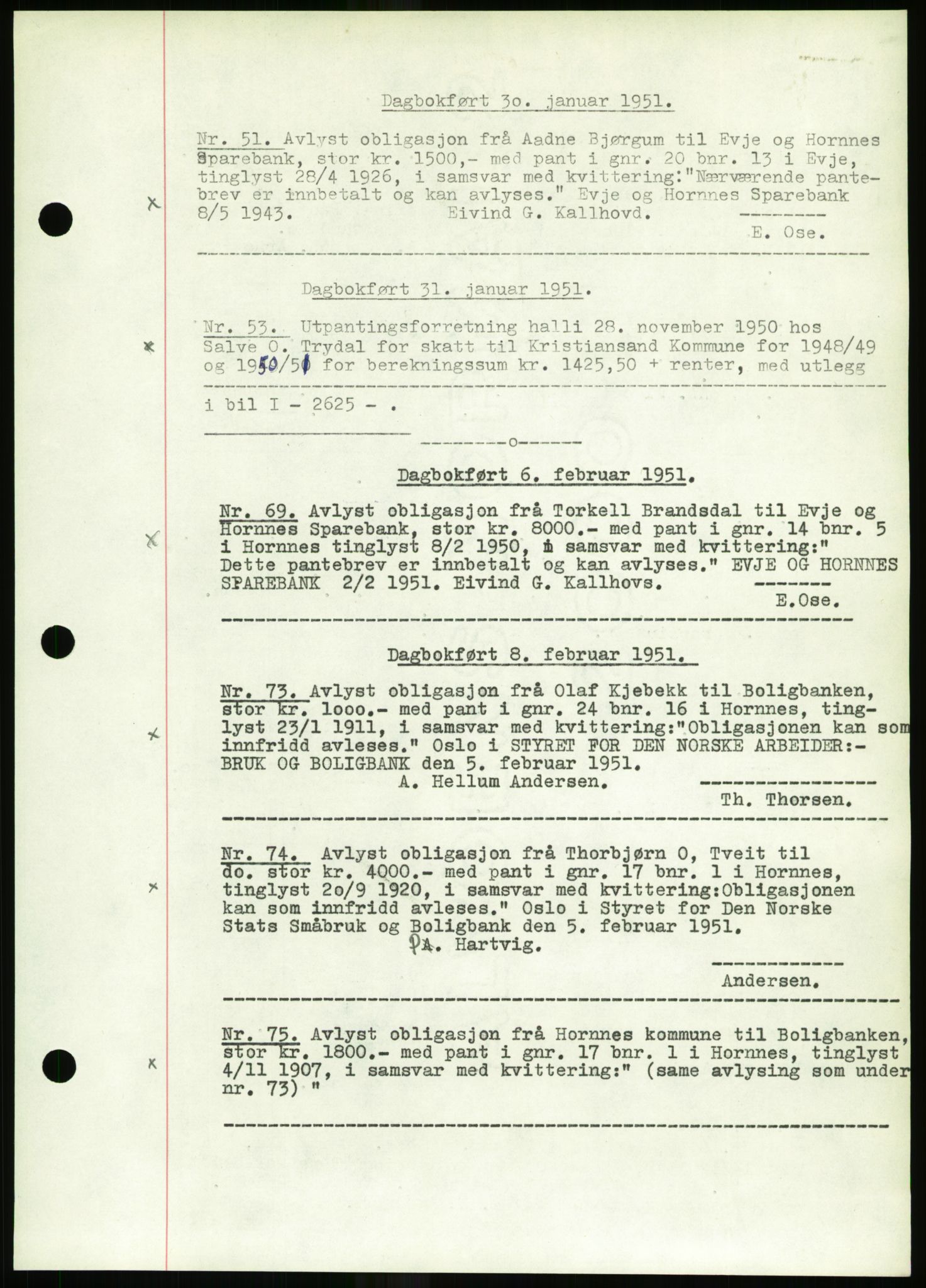 Setesdal sorenskriveri, SAK/1221-0011/G/Gb/L0050: Mortgage book no. B 38, 1949-1952, Diary no: : 51/1951