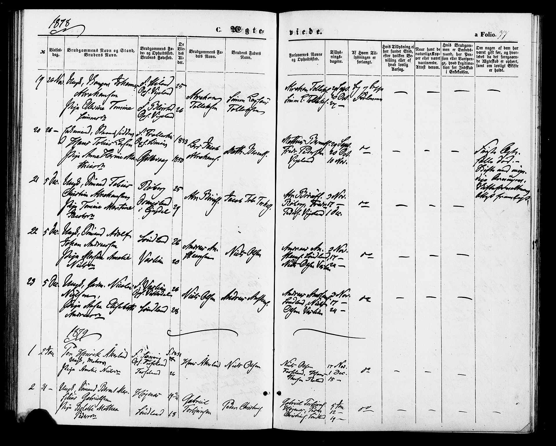 Sør-Audnedal sokneprestkontor, SAK/1111-0039/F/Fa/Fab/L0008: Parish register (official) no. A 8, 1876-1881, p. 77