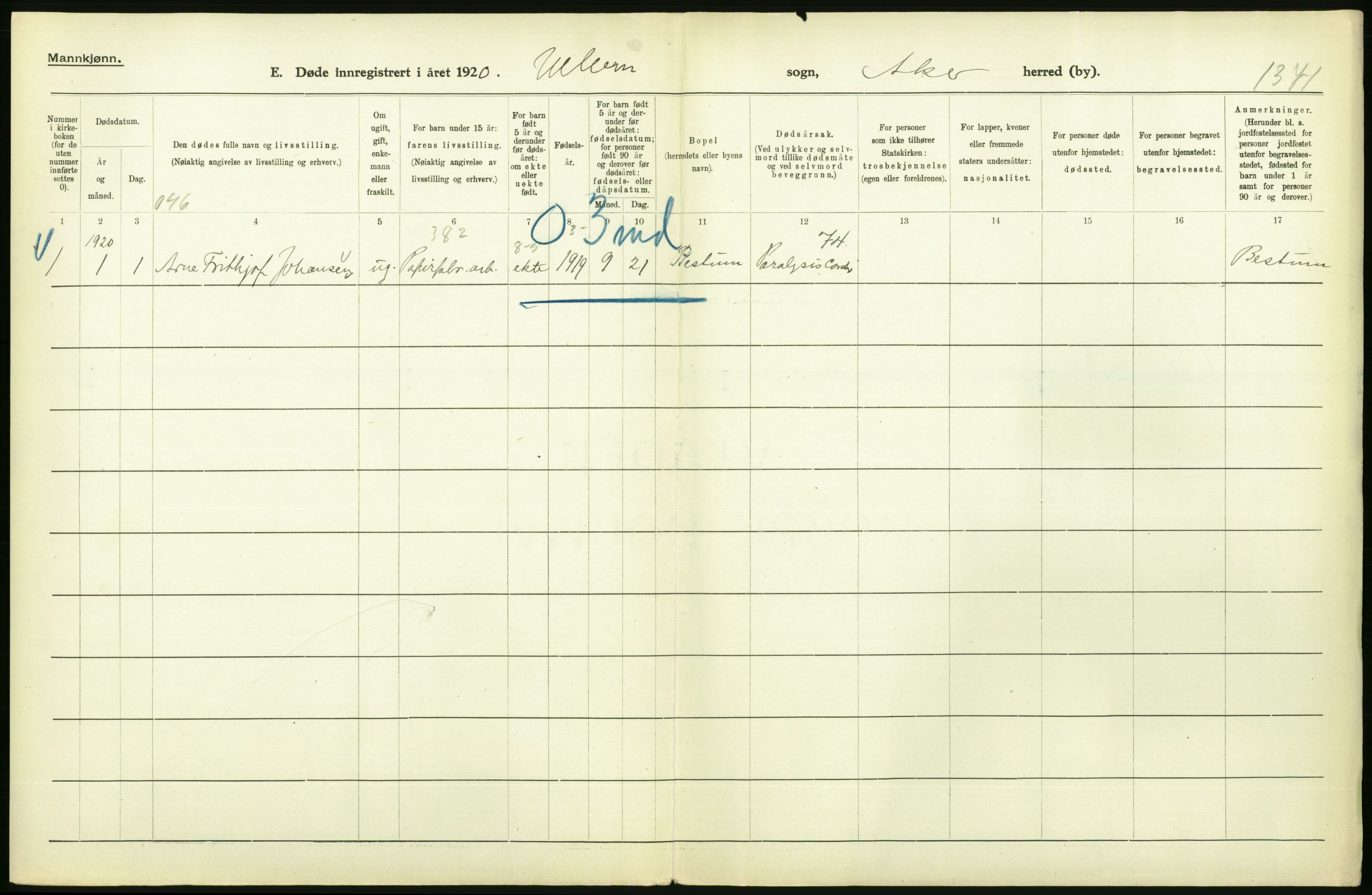 Statistisk sentralbyrå, Sosiodemografiske emner, Befolkning, RA/S-2228/D/Df/Dfb/Dfbj/L0007: Akershus fylke: Døde. Bygder og byer., 1920, p. 56