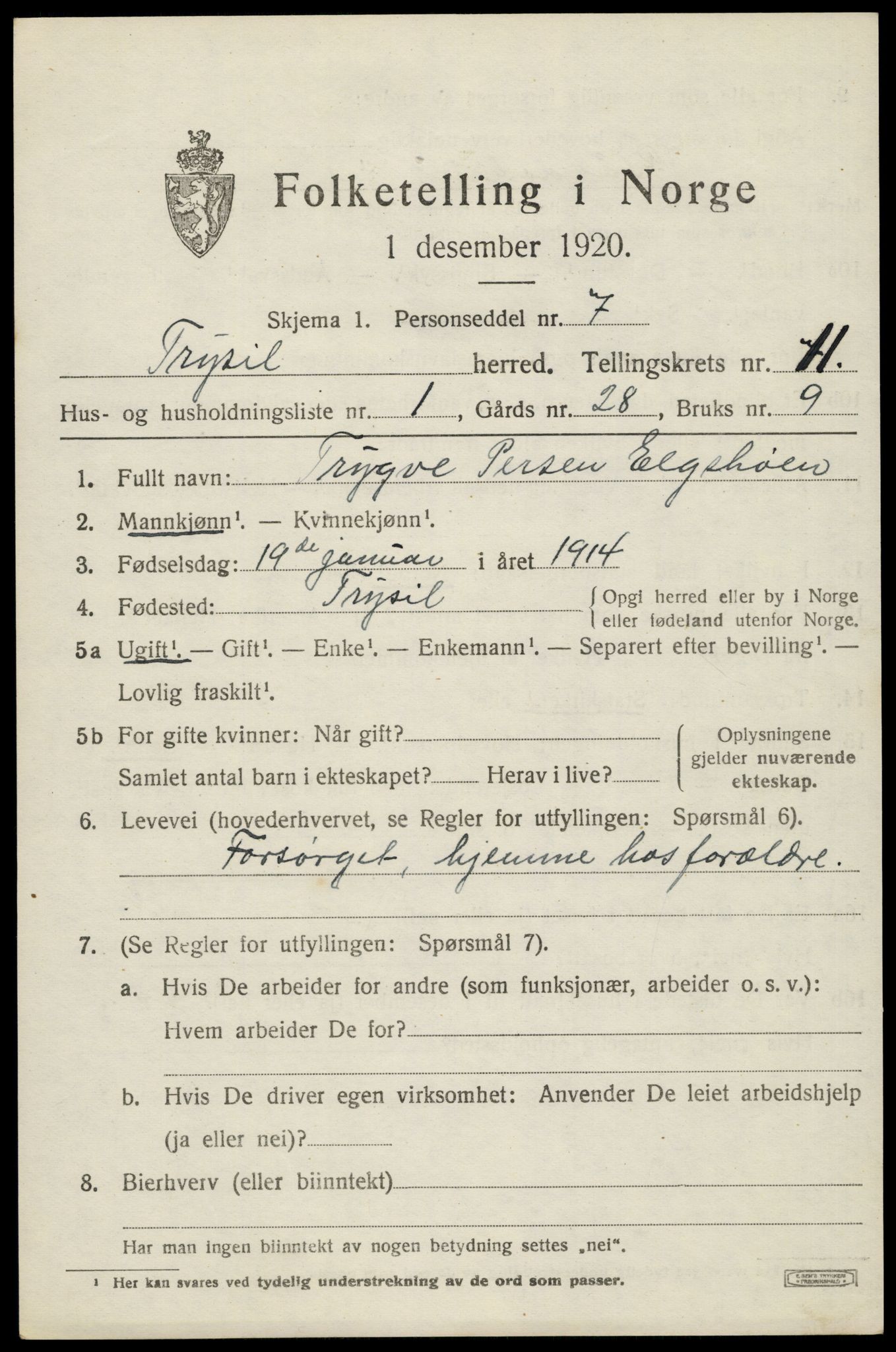 SAH, 1920 census for Trysil, 1920, p. 6969