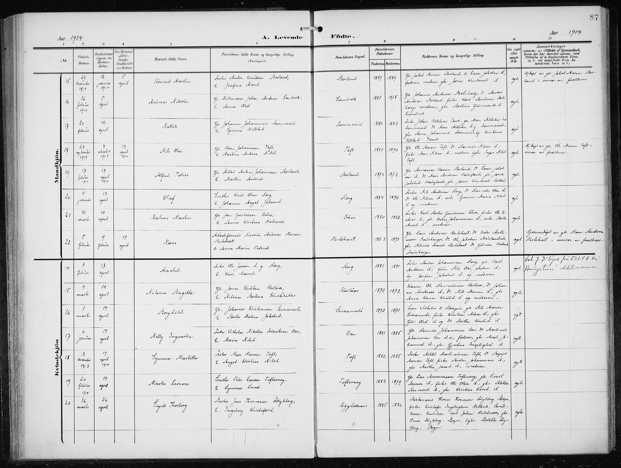 Herdla Sokneprestembete, AV/SAB-A-75701/H/Haa: Parish register (official) no. A 5, 1905-1918, p. 87