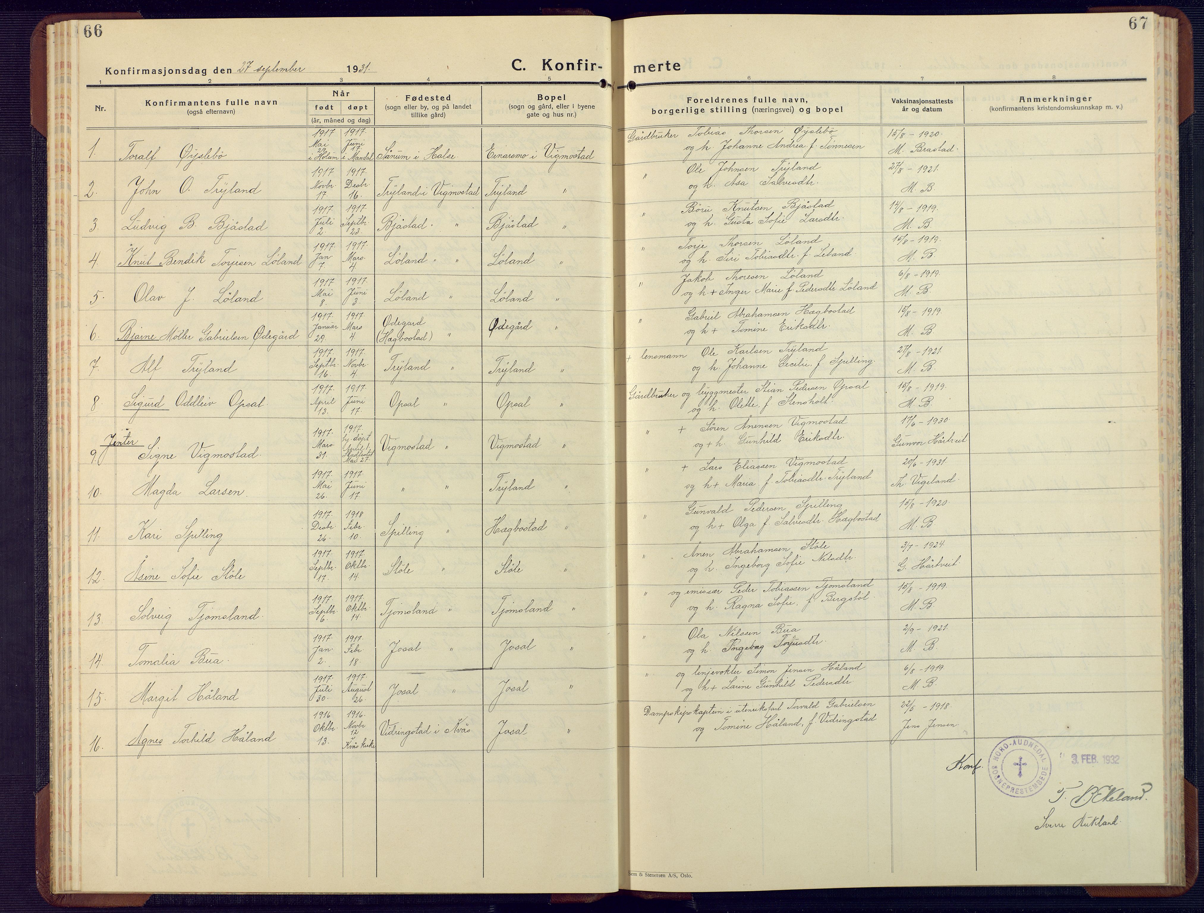 Nord-Audnedal sokneprestkontor, SAK/1111-0032/F/Fb/Fbb/L0006: Parish register (copy) no. B 6, 1930-1948, p. 66-67