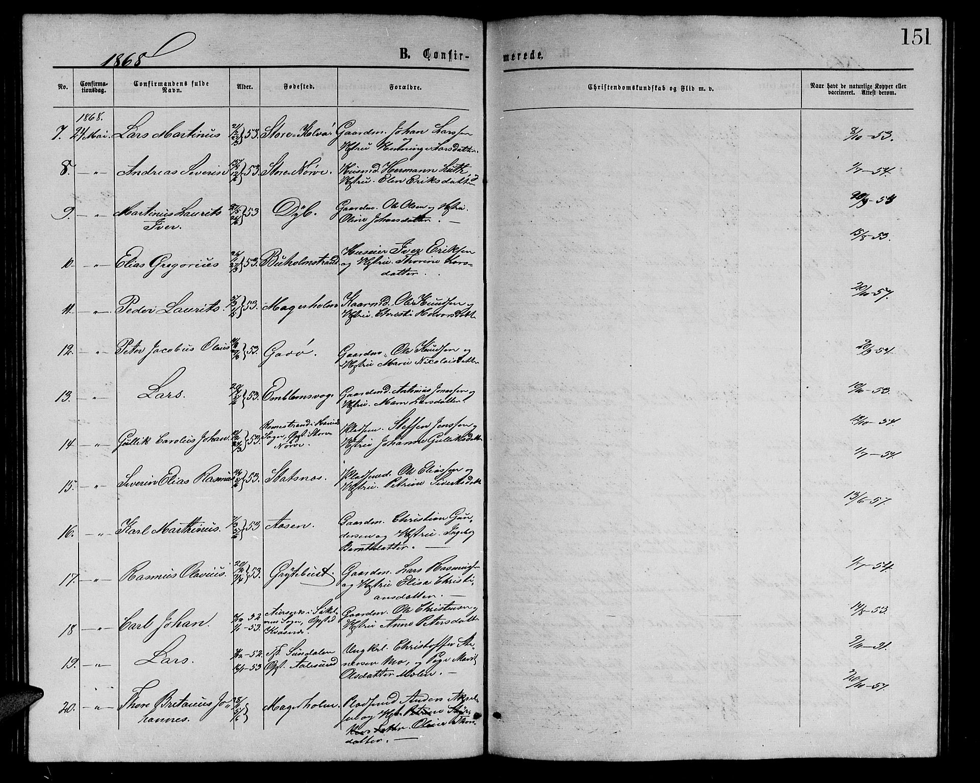 Ministerialprotokoller, klokkerbøker og fødselsregistre - Møre og Romsdal, AV/SAT-A-1454/528/L0428: Parish register (copy) no. 528C09, 1864-1880, p. 151