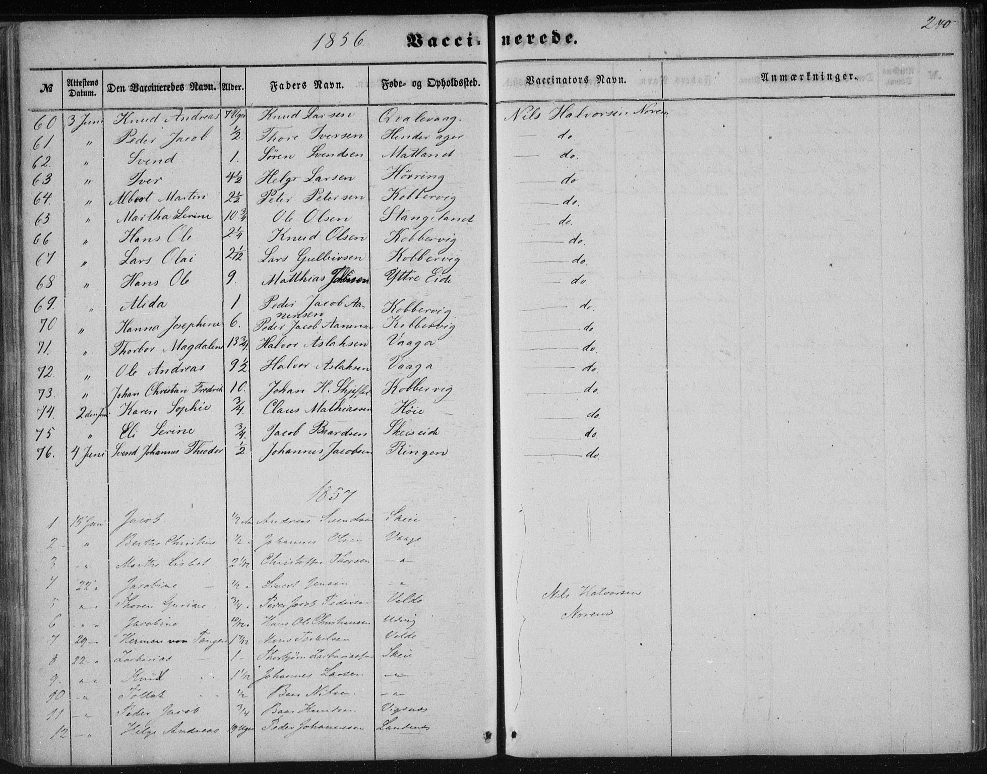 Avaldsnes sokneprestkontor, SAST/A -101851/H/Ha/Haa/L0009: Parish register (official) no. A 9, 1853-1865, p. 240