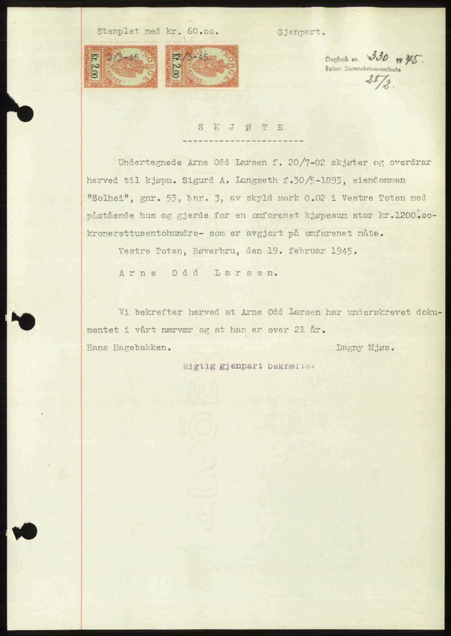 Toten tingrett, SAH/TING-006/H/Hb/Hbc/L0013: Mortgage book no. Hbc-13, 1945-1945, Diary no: : 330/1945