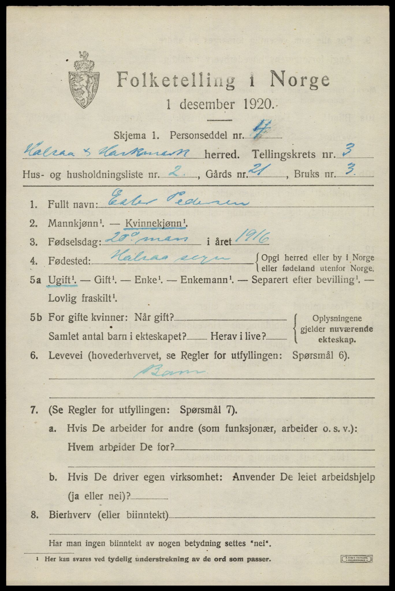 SAK, 1920 census for Halse og Harkmark, 1920, p. 2431